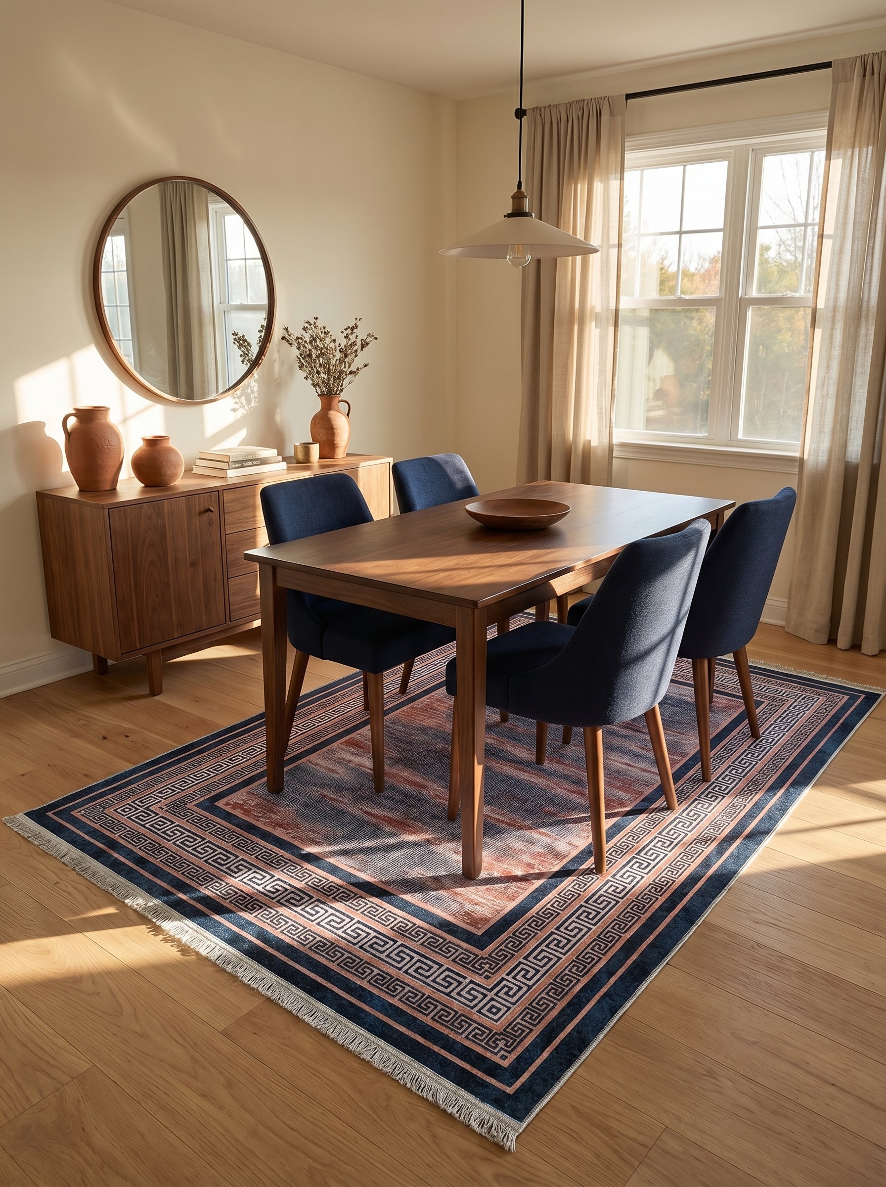 Tapis rectangulaire bleu marine et terracotta avec un motif grec en bordure et un centre abstrait, posé dans une salle à manger