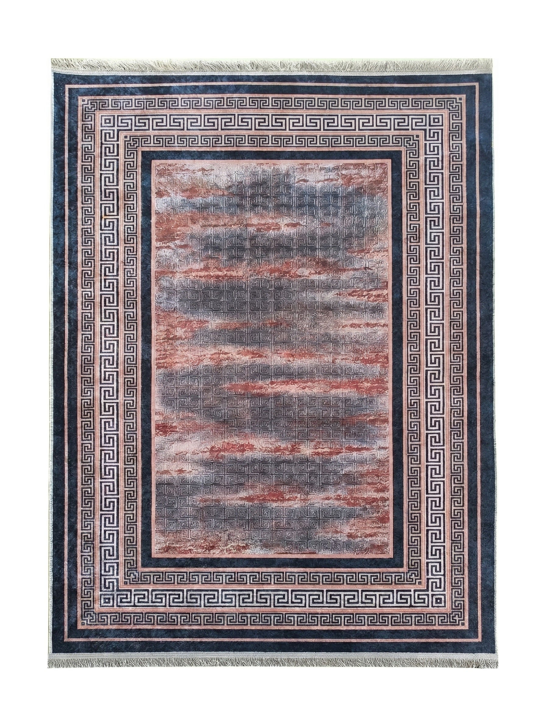 Tapis rectangulaire à bordure bleu foncé avec motif de méandre blanc, et centre abstrait gris et terracotta. Franges claires