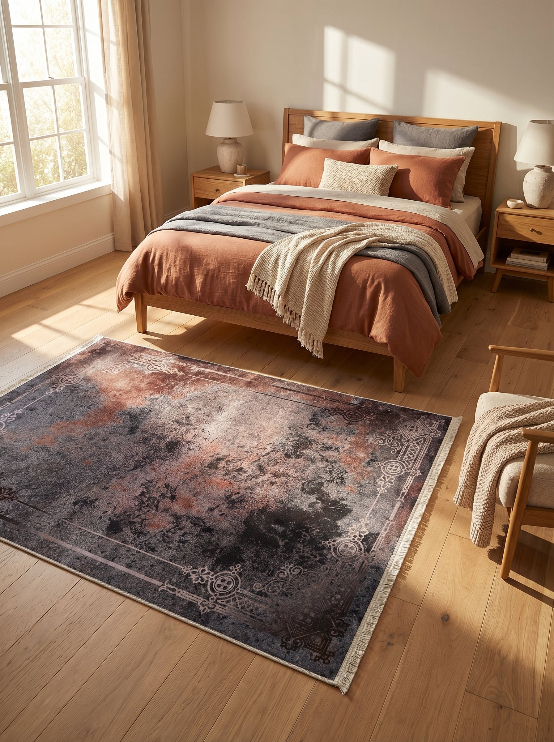 Tapis rectangulaire aux motifs abstraits gris foncé, noir et rouille, bordé d'ornements clairs, dans une chambre lumineuse