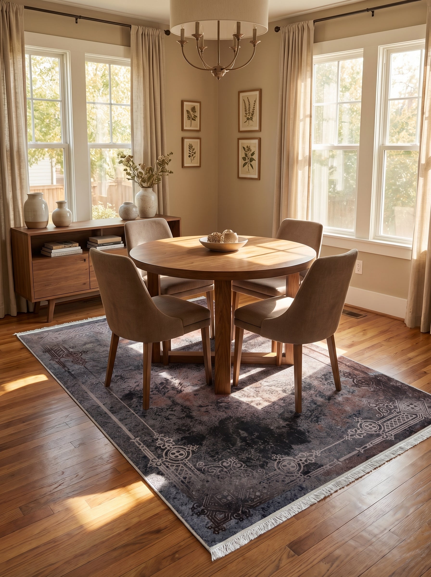 Tapis rectangulaire aux motifs classiques beiges et rosés sur fond gris foncé, aspect patiné sous une table de salle à manger