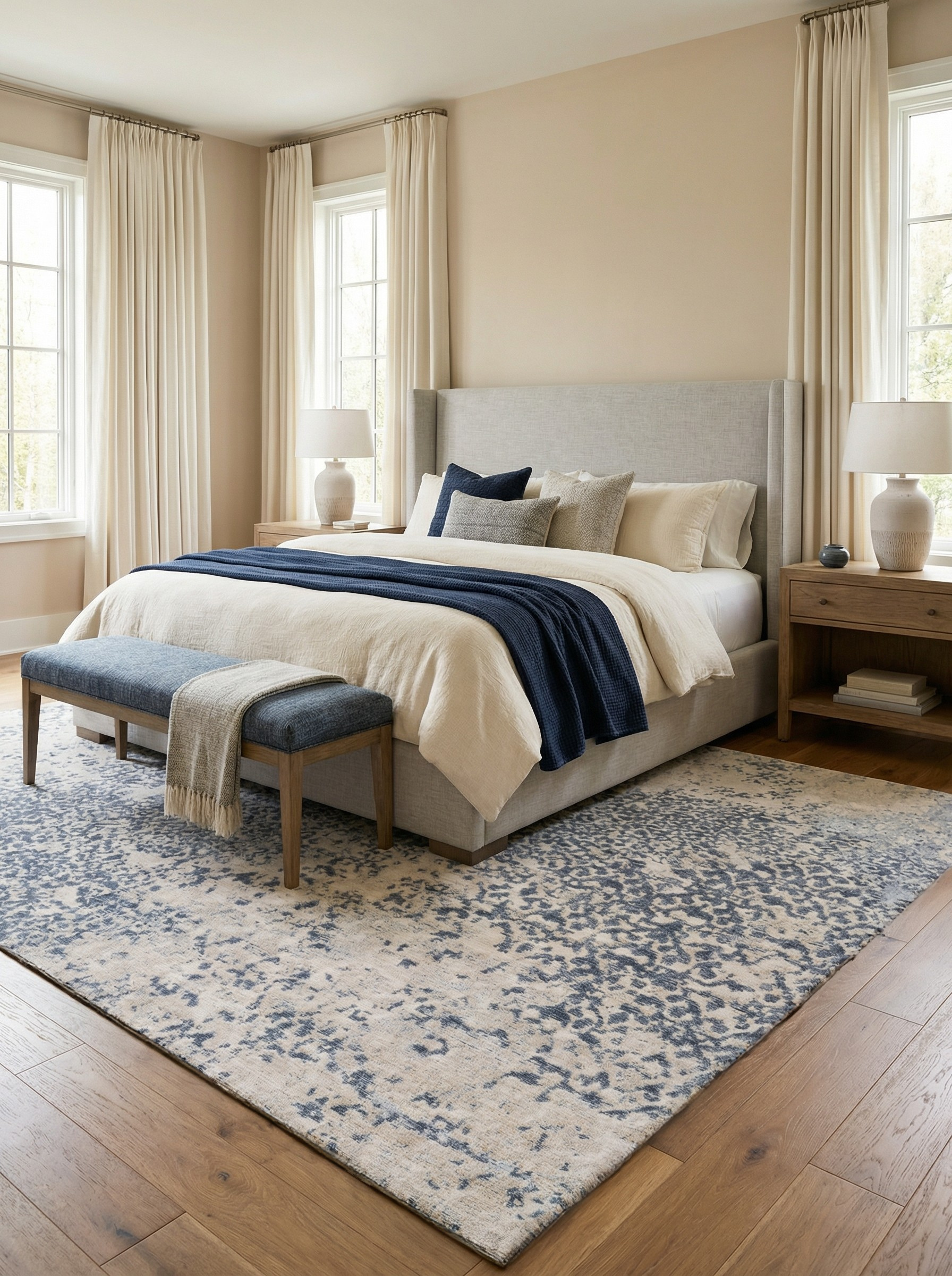 Tapis rectangulaire bleu et beige, doux et confortable, dans une chambre. Crée une ambiance reposante