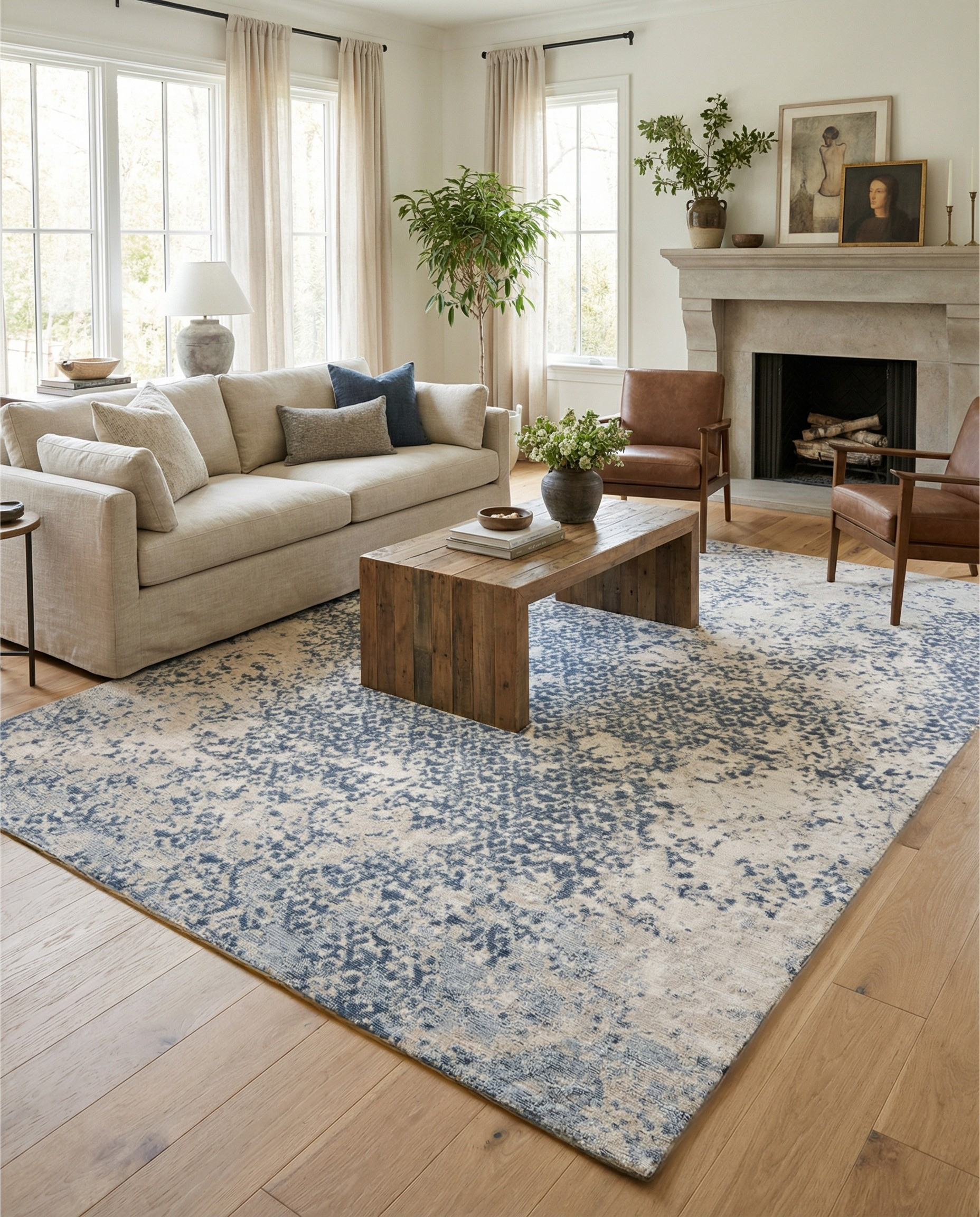 Tapis rectangulaire bleu et beige. Il apporte de la couleur et définit l'espace dans la pièce, créant une ambiance