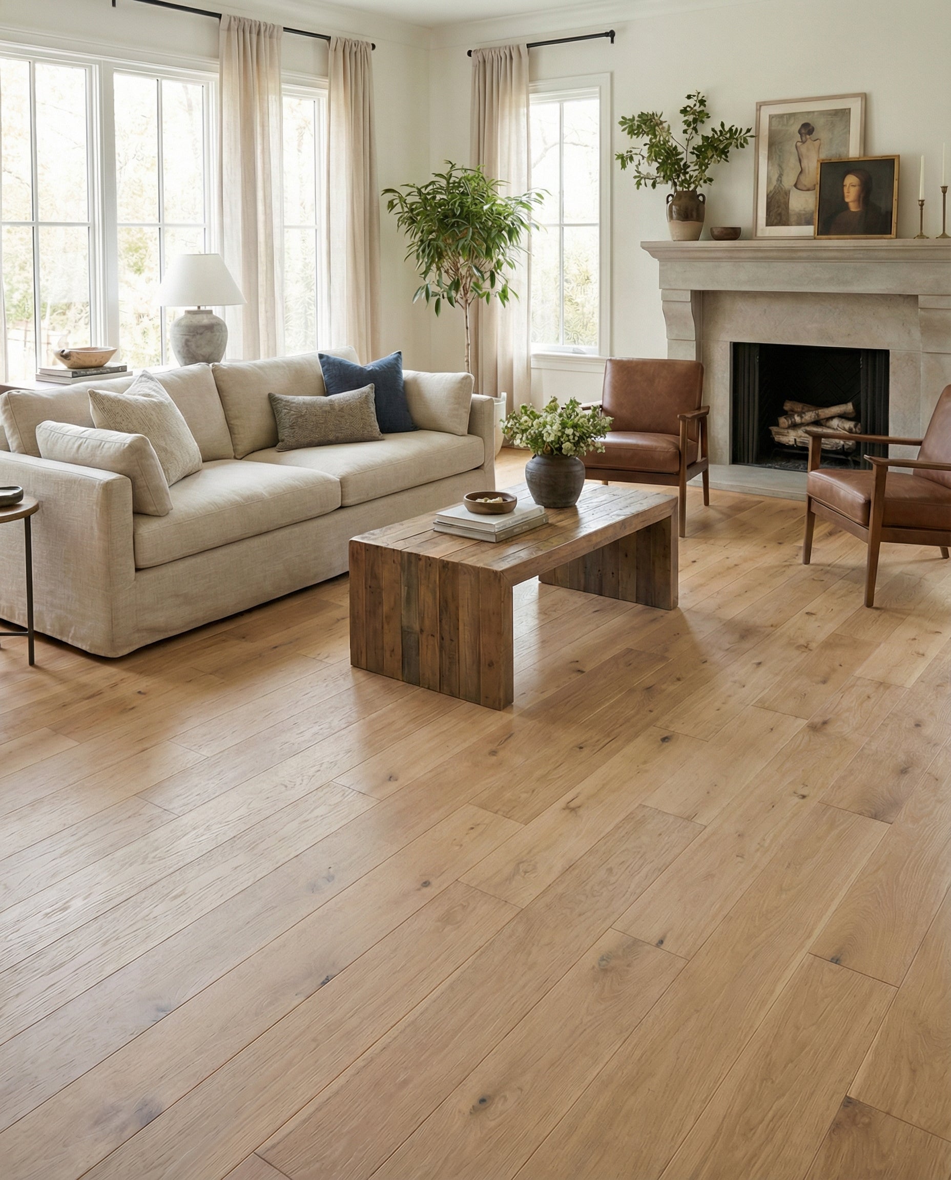 Pièce lumineuse avec parquet clair, canapé beige, fauteuils en cuir, cheminée. Espace à transformer