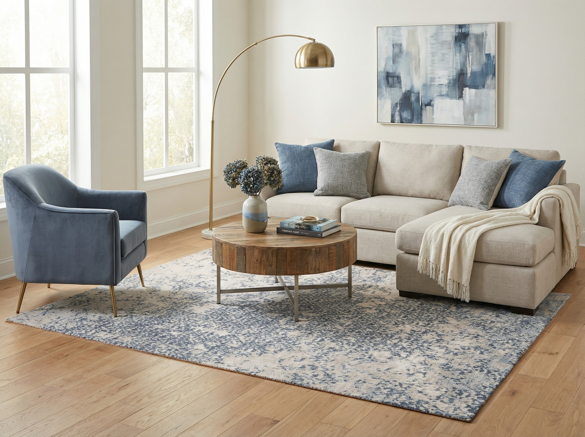 Tapis rectangulaire bleu et beige dans un salon. Ambiance chaleureuse, style déco moderne