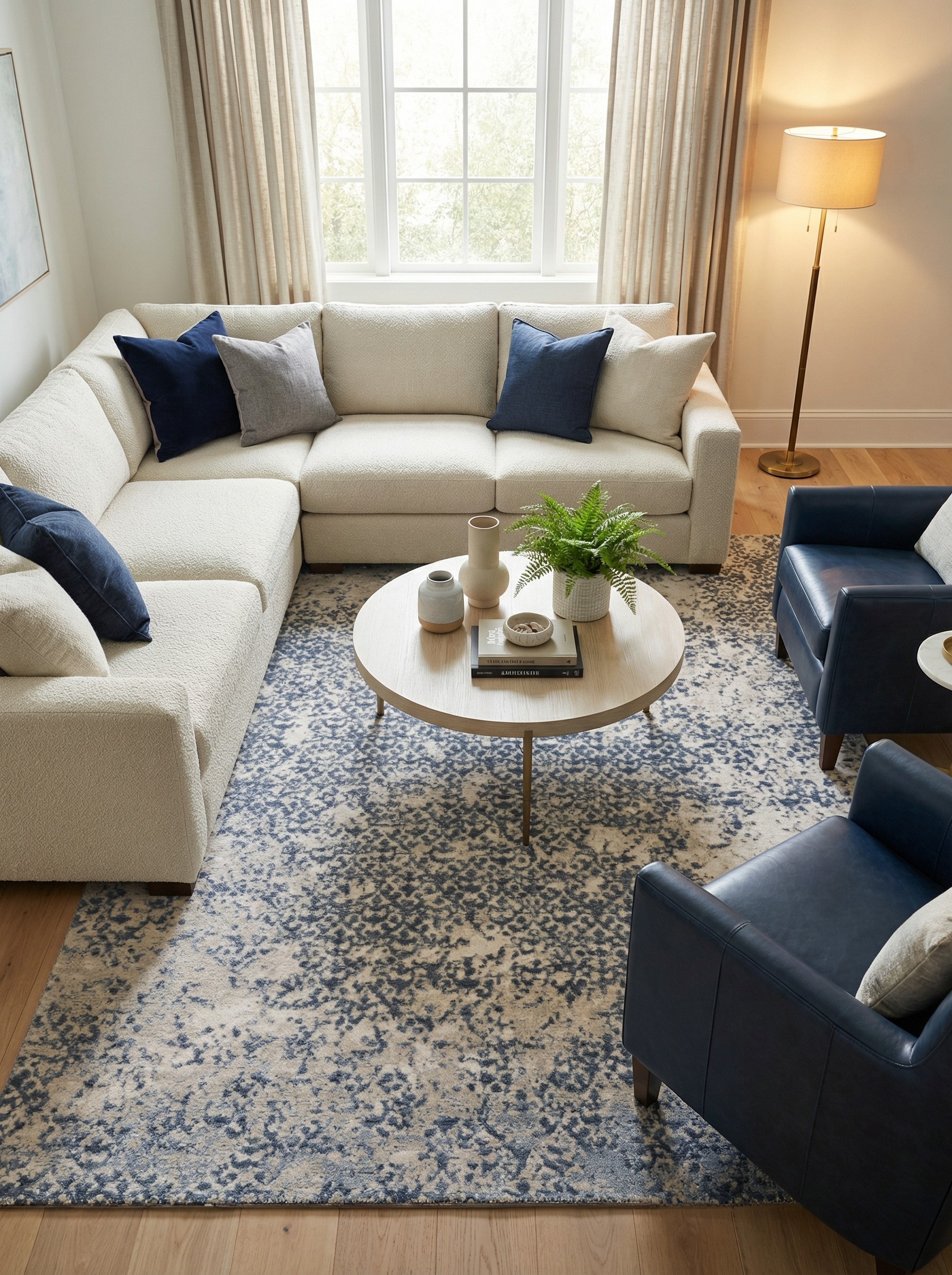 Tapis bleu et beige dans un salon, ambiance apaisante, harmonie avec le décor clair