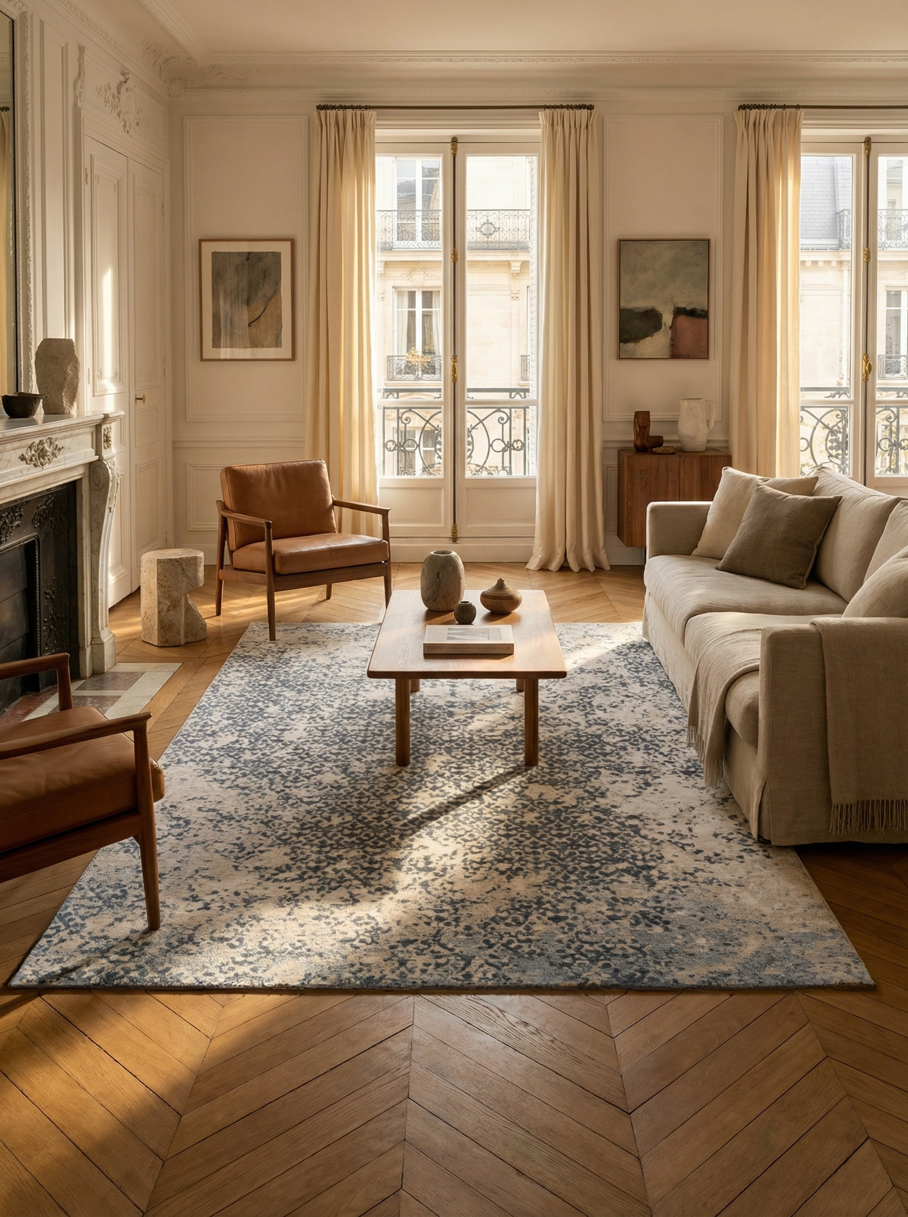 Tapis bleu et beige, ambiance soirée élégante et conviviale, dans un salon clair, forme rectangulaire