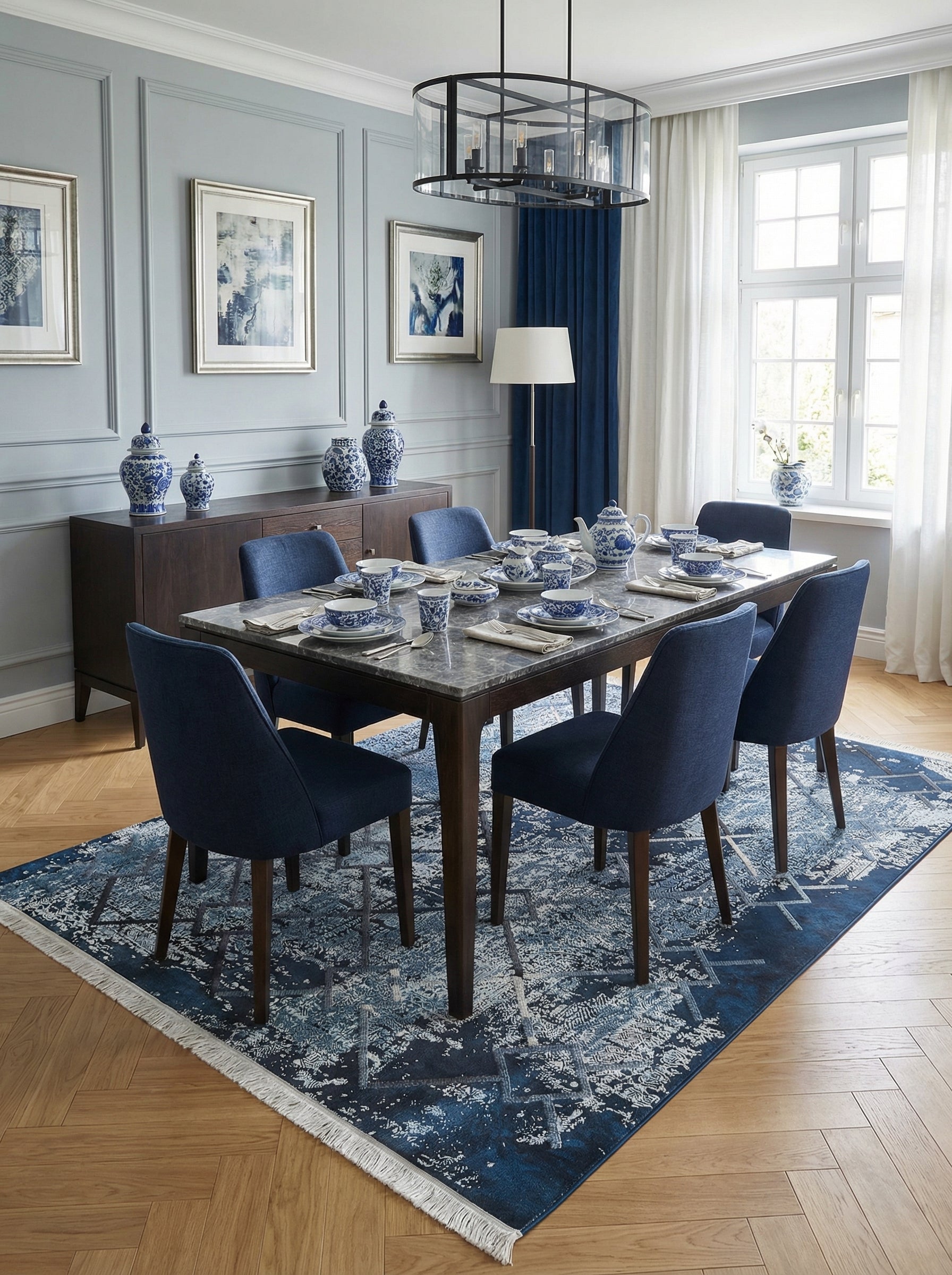 Tapis rectangulaire bleu marine avec motifs abstraits et géométriques en bleu clair et blanc, frangé sur les côtés courts, posé sous une table de salle à manger