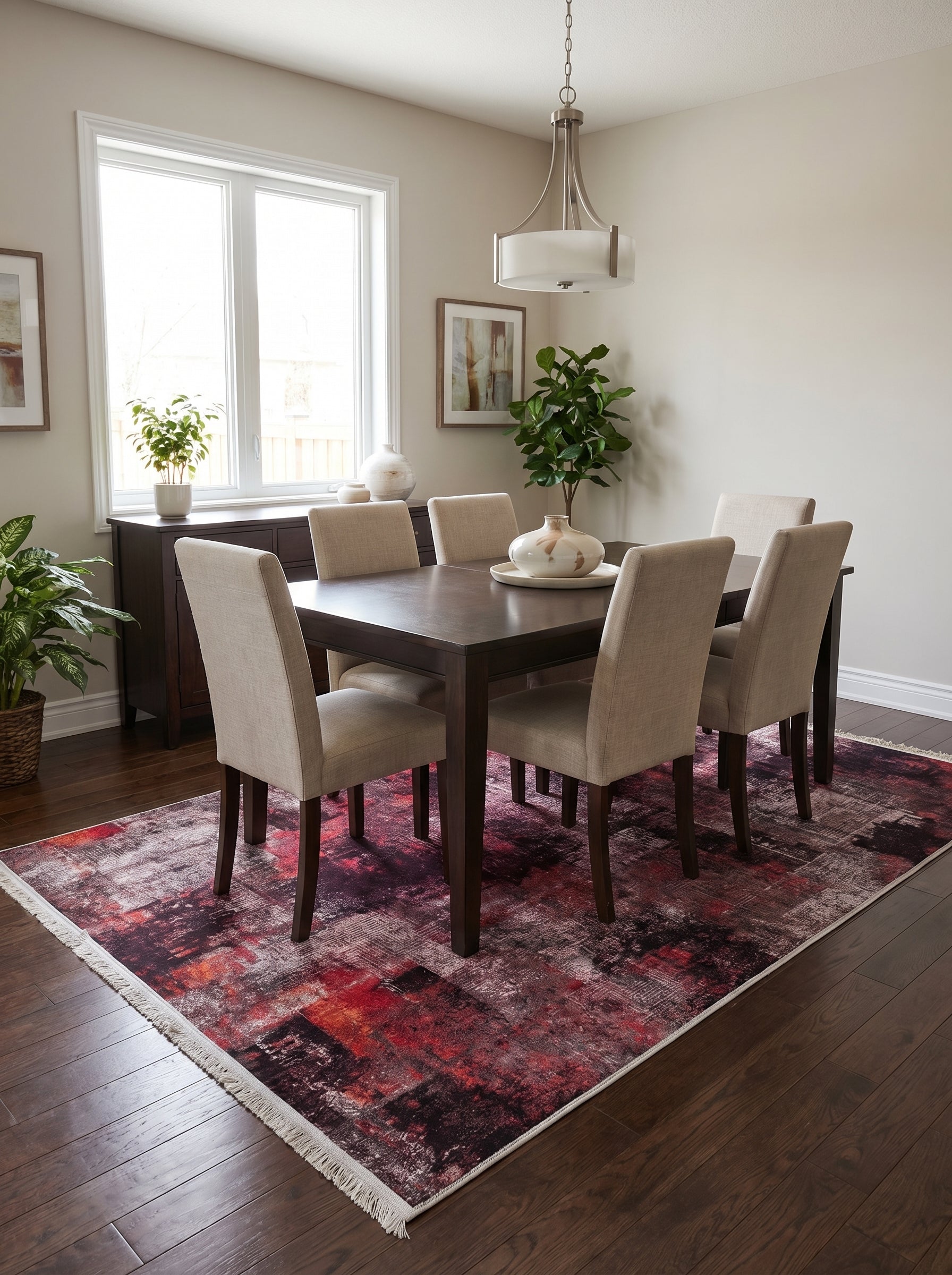 Tapis rectangulaire à motifs abstraits rouges, noirs et gris avec franges, sous une table à manger en bois foncé dans une salle à manger
