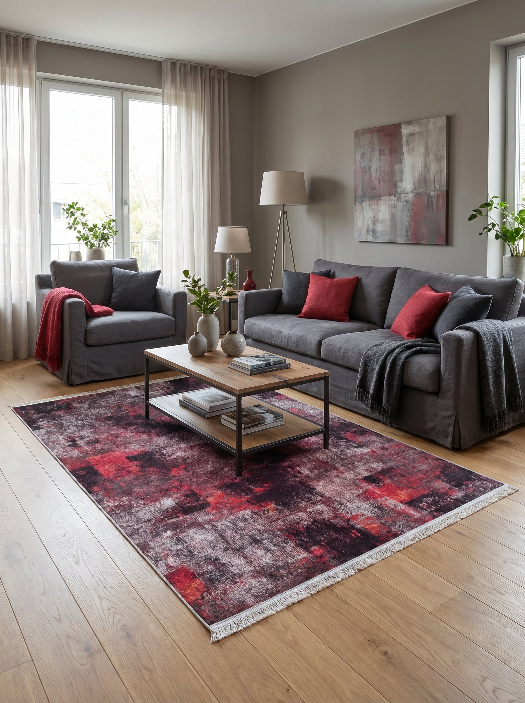 Tapis rectangulaire abstrait aux nuances de rouge vif, bordeaux, gris sombre et blanc, avec franges, sur un plancher de salon