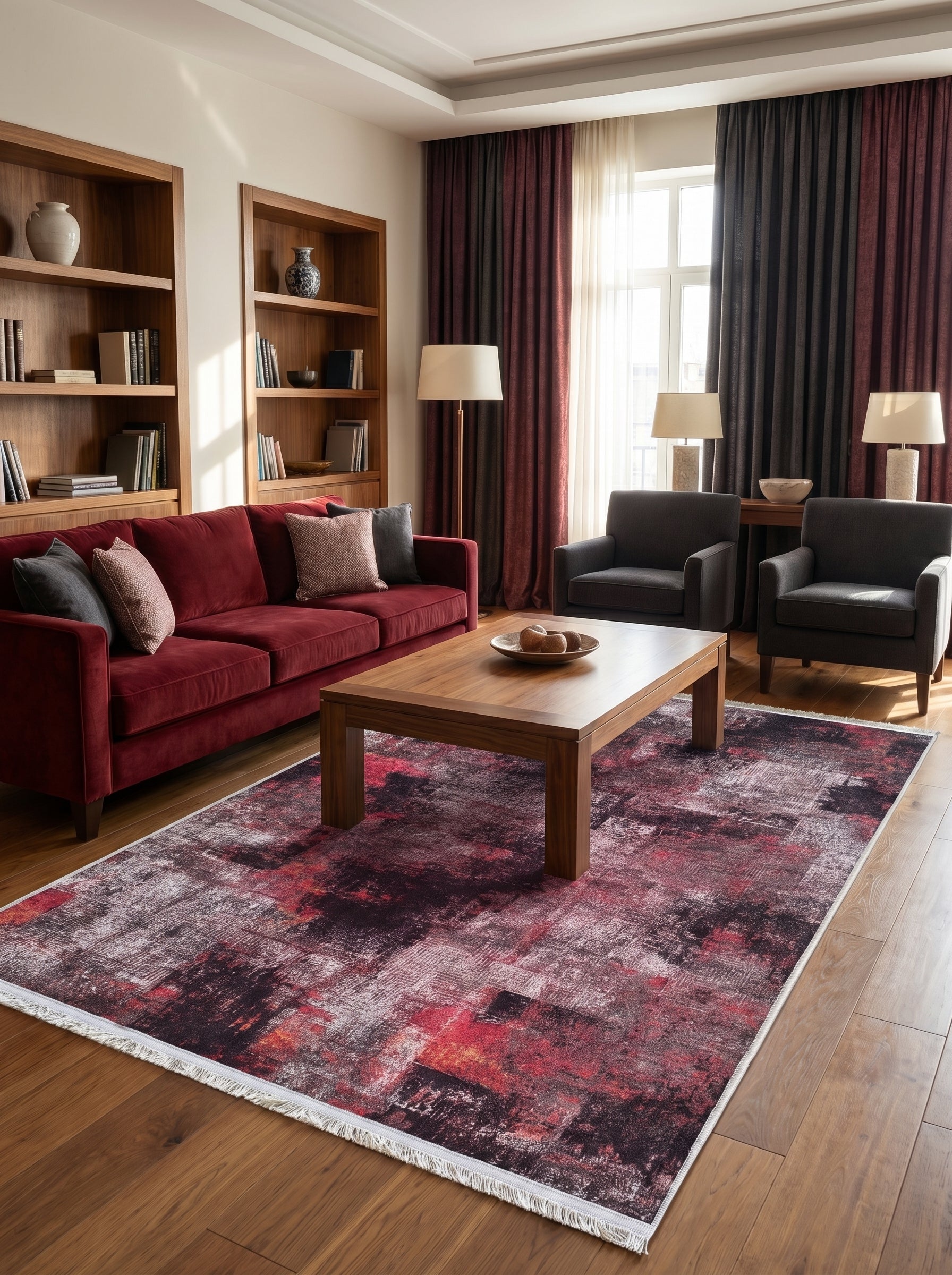 Grand tapis rectangulaire abstrait rouge bordeaux, noir et gris clair, à effet usé et franges blanches, dans un salon
