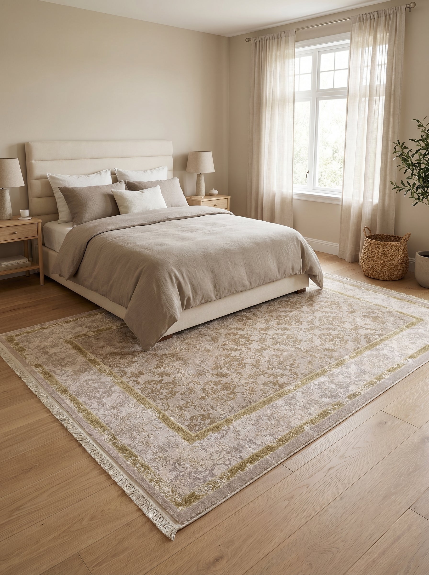 Tapis rectangulaire beige clair à motifs floraux dorés effet vieilli, avec bordure vert doré et franges, dans une chambre