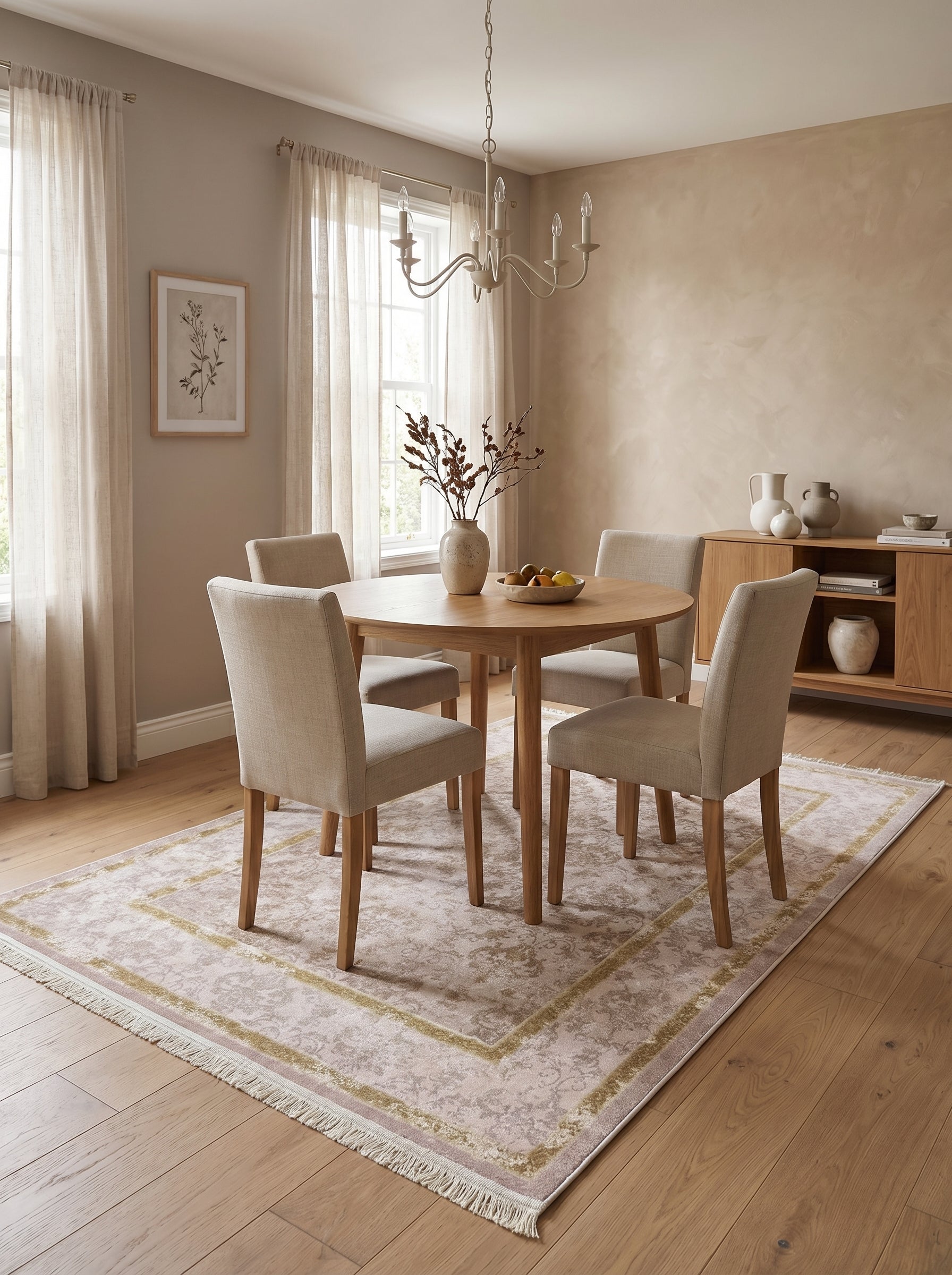 Tapis rectangulaire rose pâle aux motifs floraux beiges et bordures dorées, situé sous une table dans une salle à manger claire