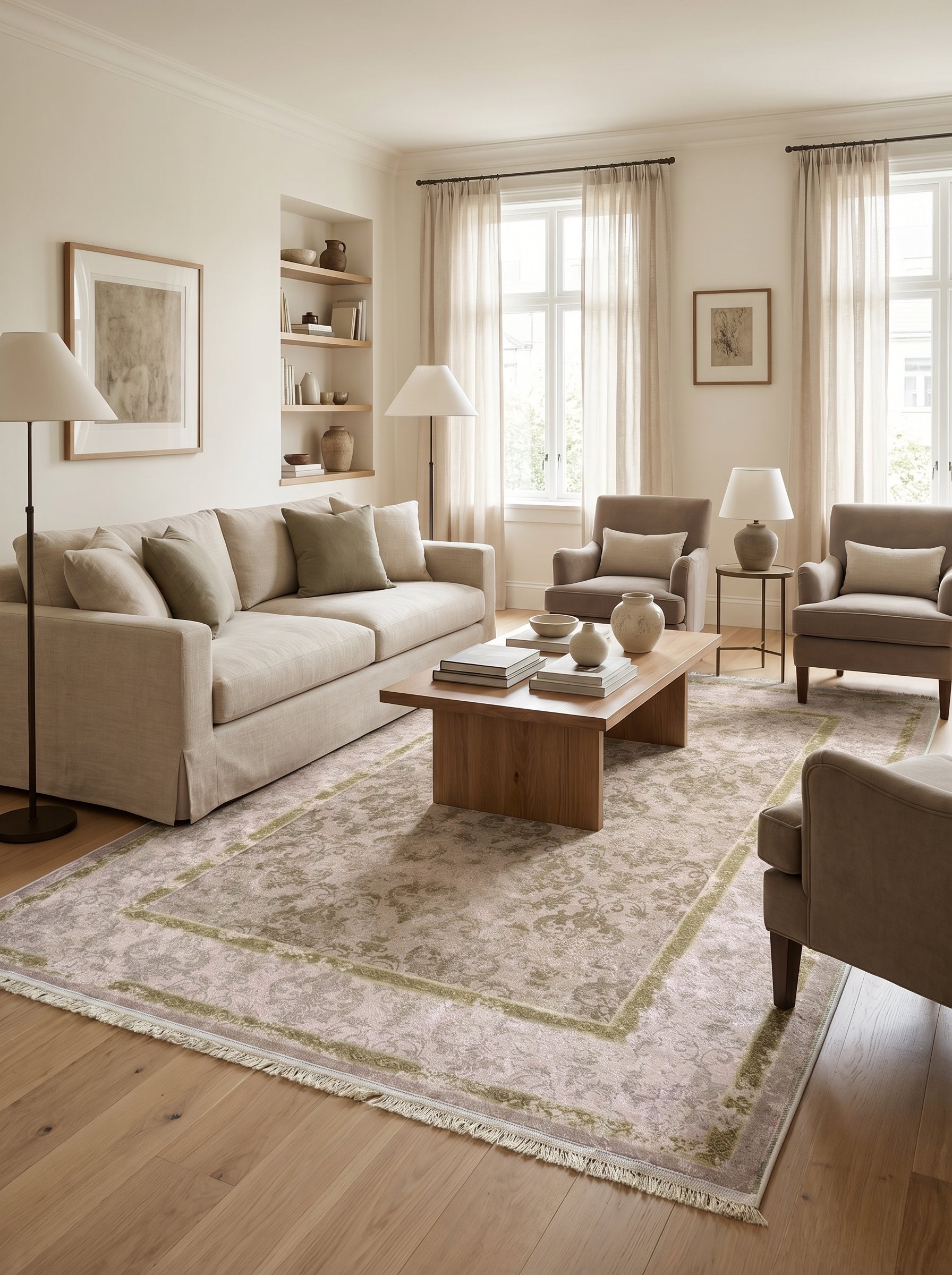 Tapis rectangulaire à motifs ornementaux dans des tons de beige, vert olive et gris pâle, avec franges, au centre d'un salon