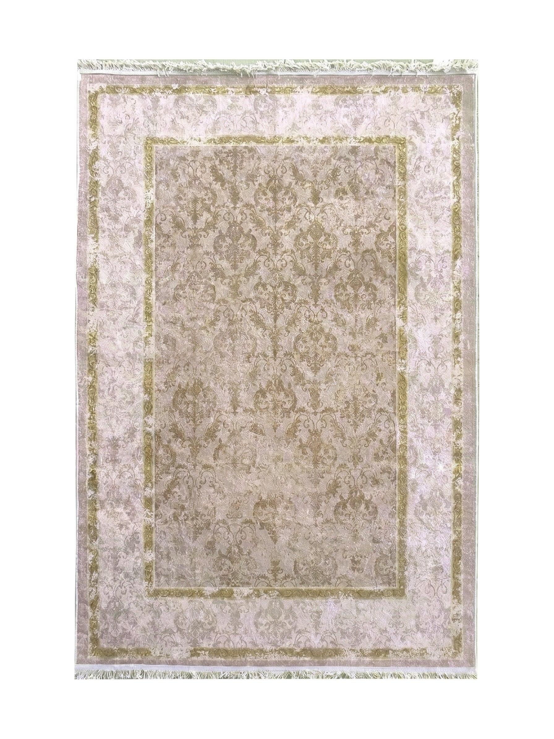 Tapis rectangulaire crème et vert olive avec des motifs floraux classiques de style damassé et une bordure ornée de franges