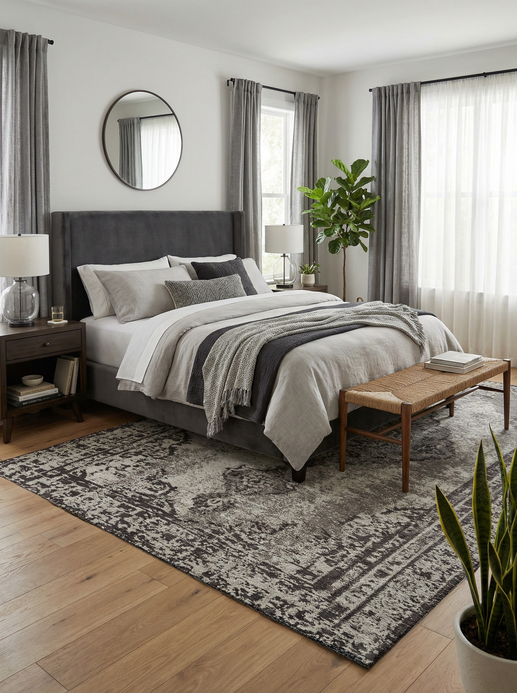 Tapis rectangulaire gris et ambre, doux et confortable, dans une chambre, créant une ambiance reposante