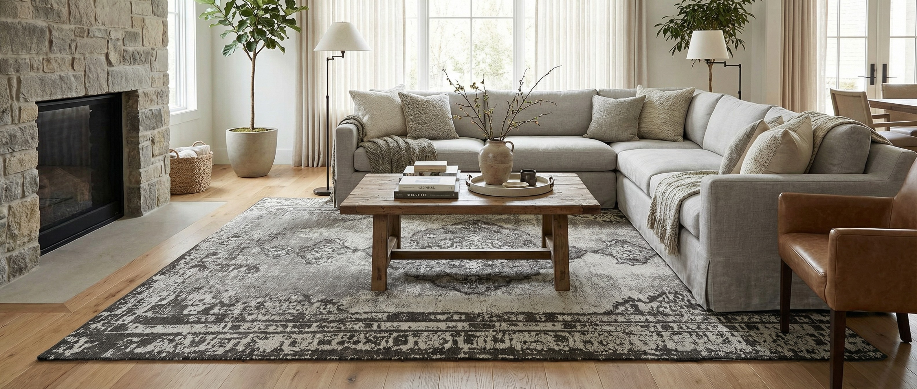 Pièce transformée par un tapis rectangulaire gris. Harmonie créée par les couleurs et l'ambiance chaleureuse