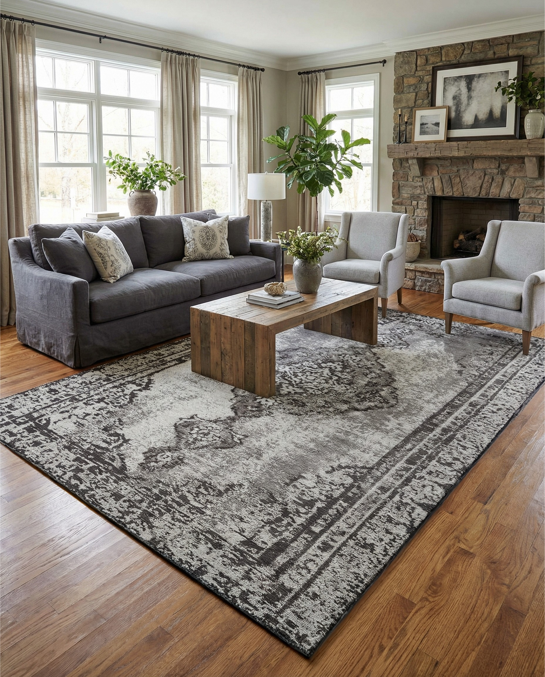 Tapis rectangulaire gris. La pièce est plus chaleureuse et accueillante. Ambiance feutrée