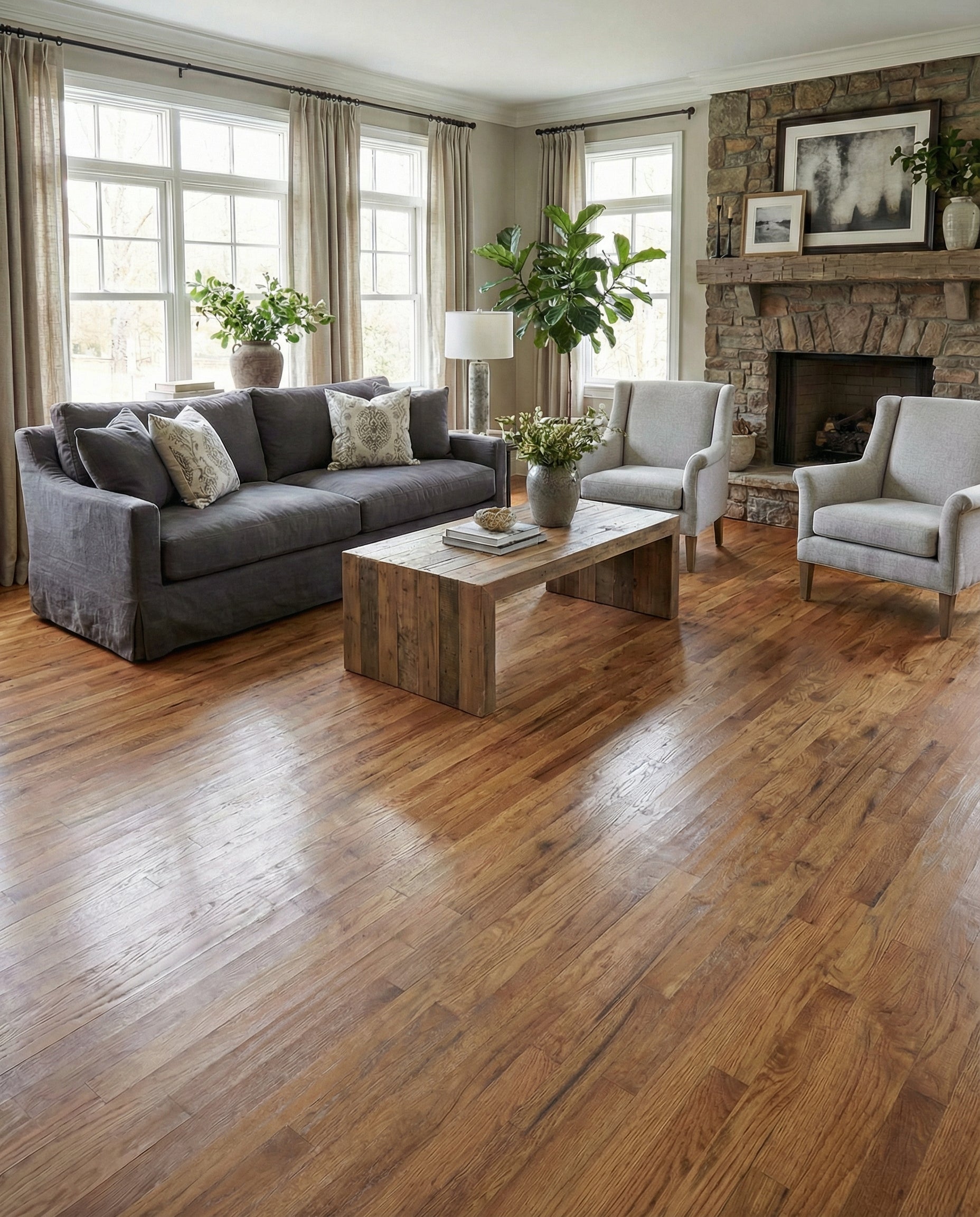 Pièce avec plancher en bois, canapé gris, fauteuils, cheminée en pierre, ambiance chaleureuse, espace à transformer