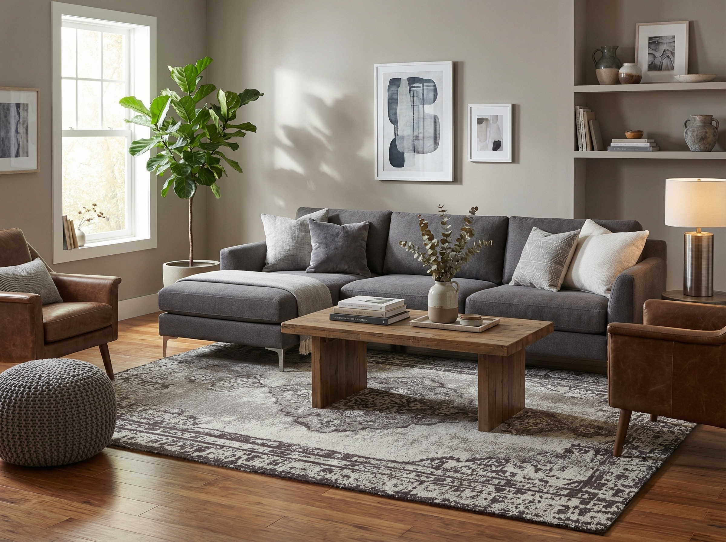 Tapis rectangulaire gris et blanc dans un salon, style déco moderne, ambiance chaleureuse et apaisante