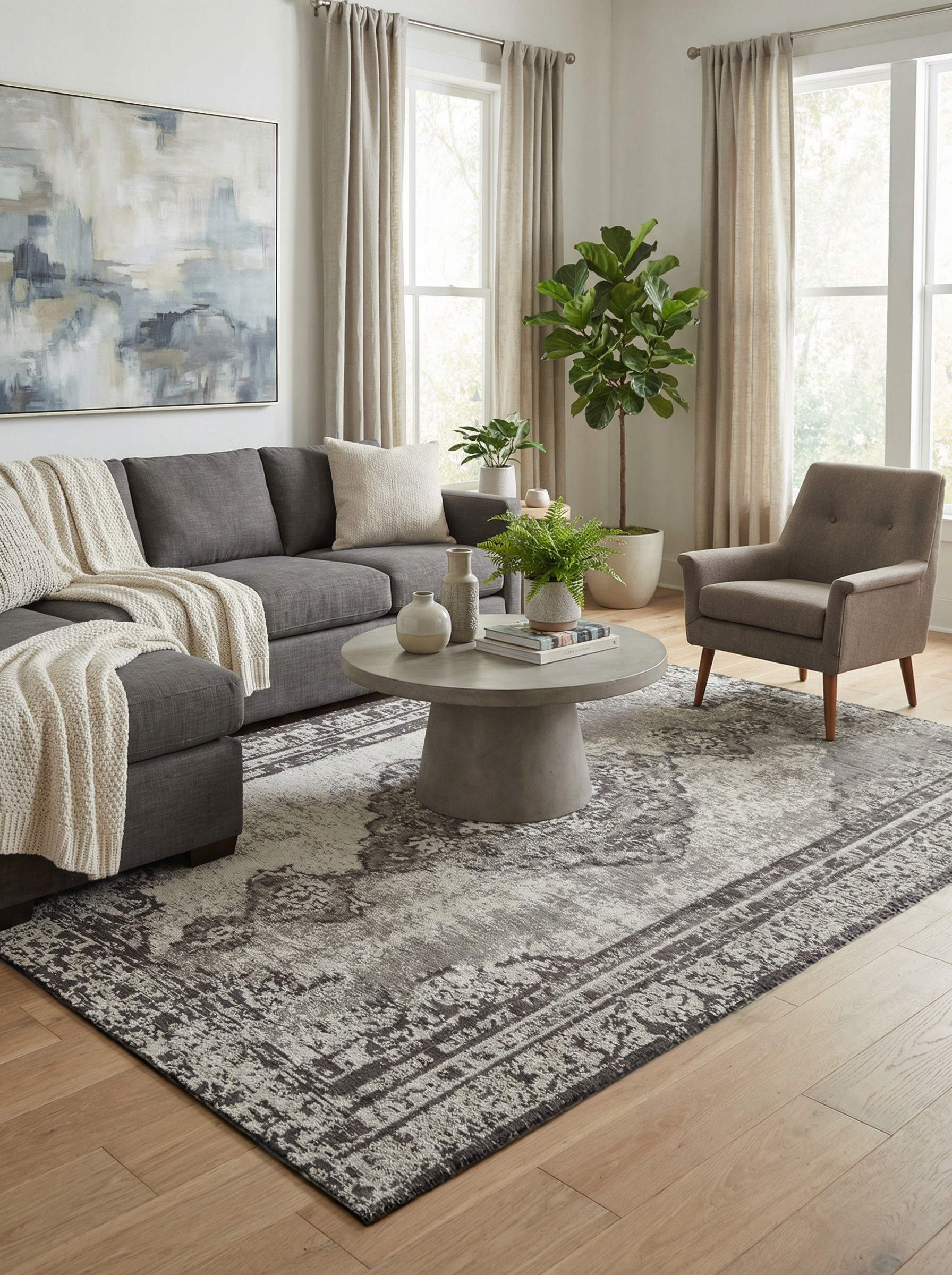 Tapis rectangulaire gris et blanc, ambiance chaleureuse dans un salon. Harmonie avec le décor contemporain