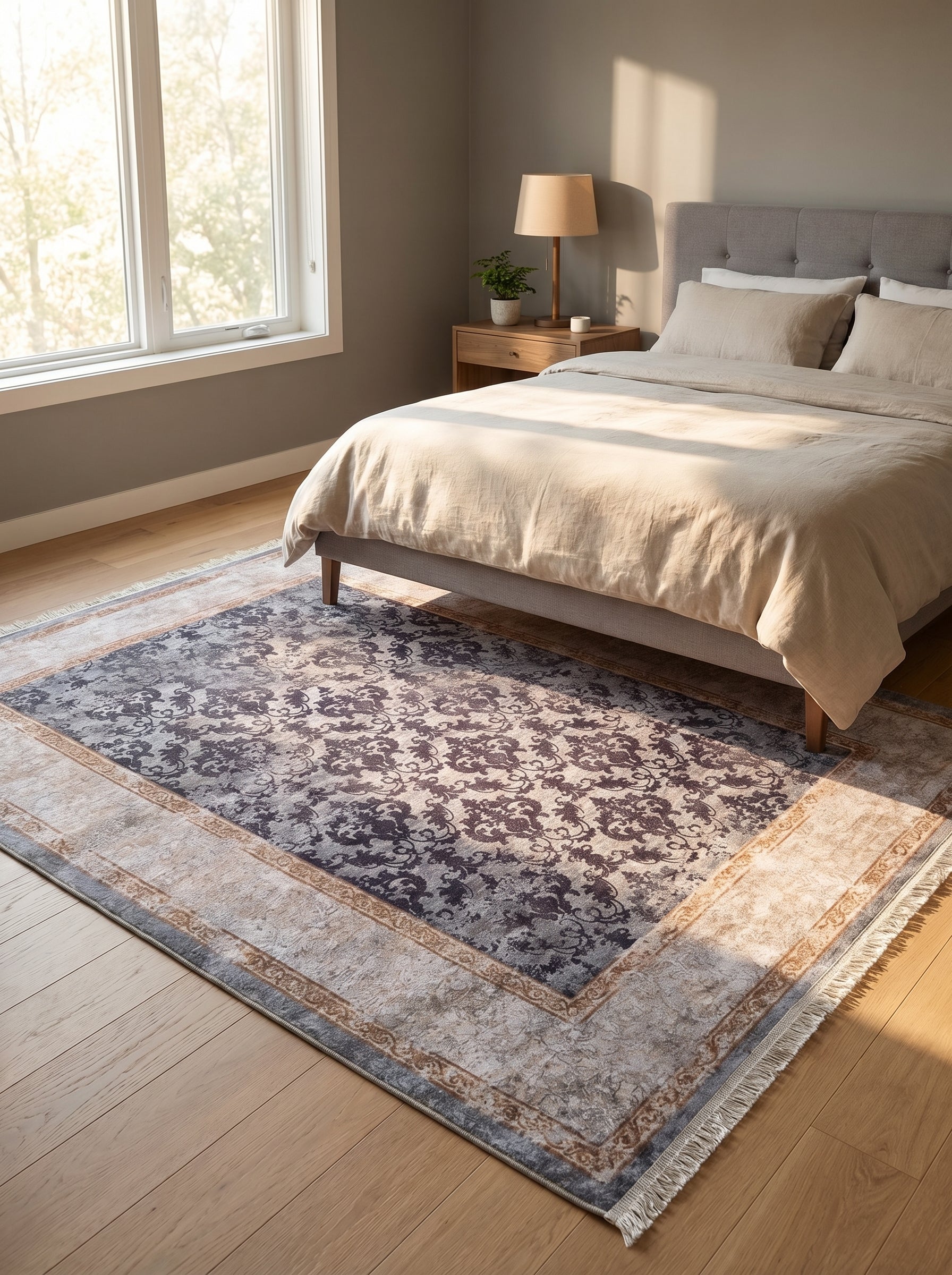 Tapis rectangulaire gris-bleu à motifs floraux délavés violets et bordure crème, sur parquet dans une chambre ensoleillée