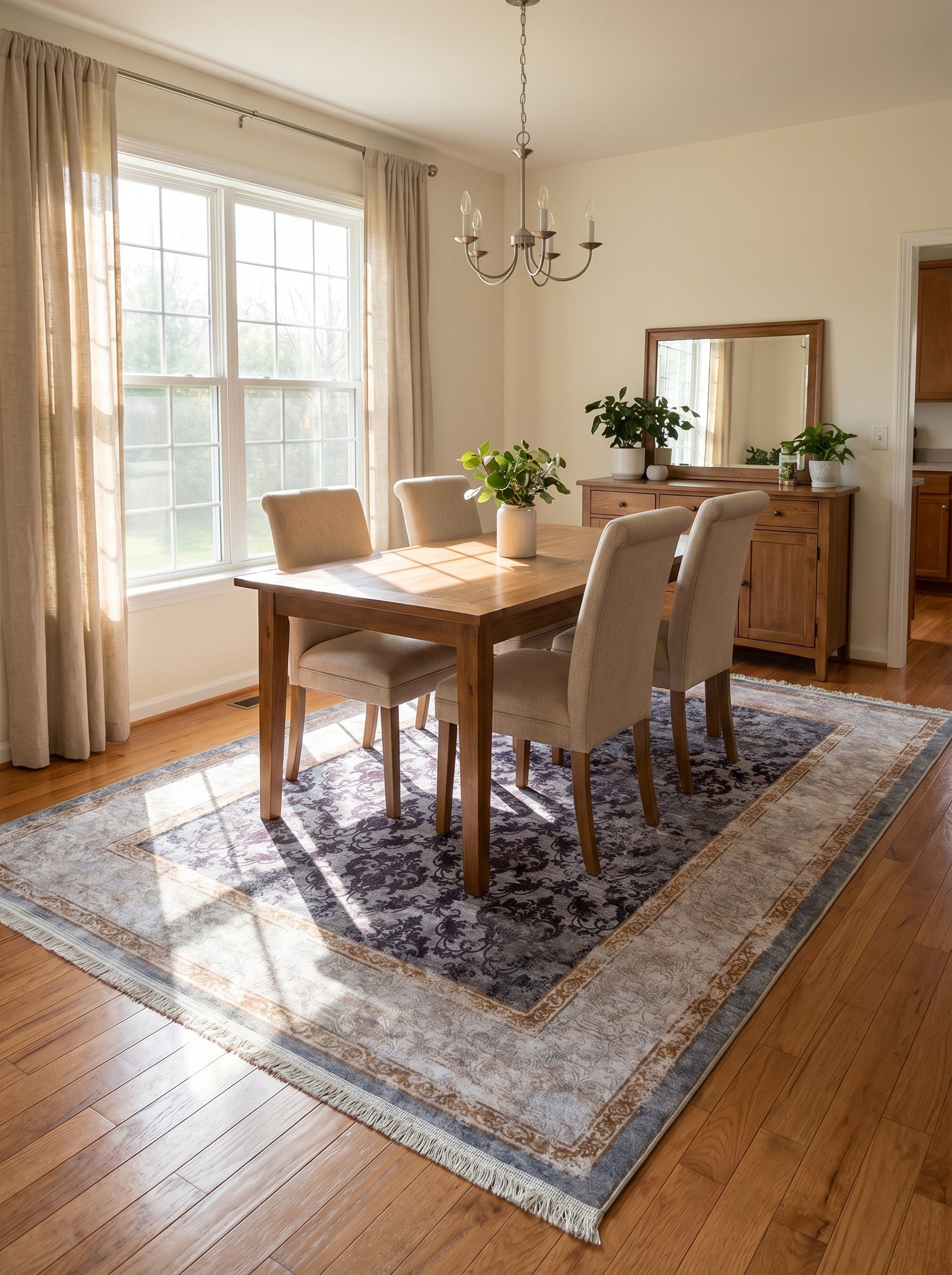 Tapis rectangulaire aux motifs floraux foncés aubergine et gris, bordure claire beige avec détails dorés, posé sous une table de salle à manger