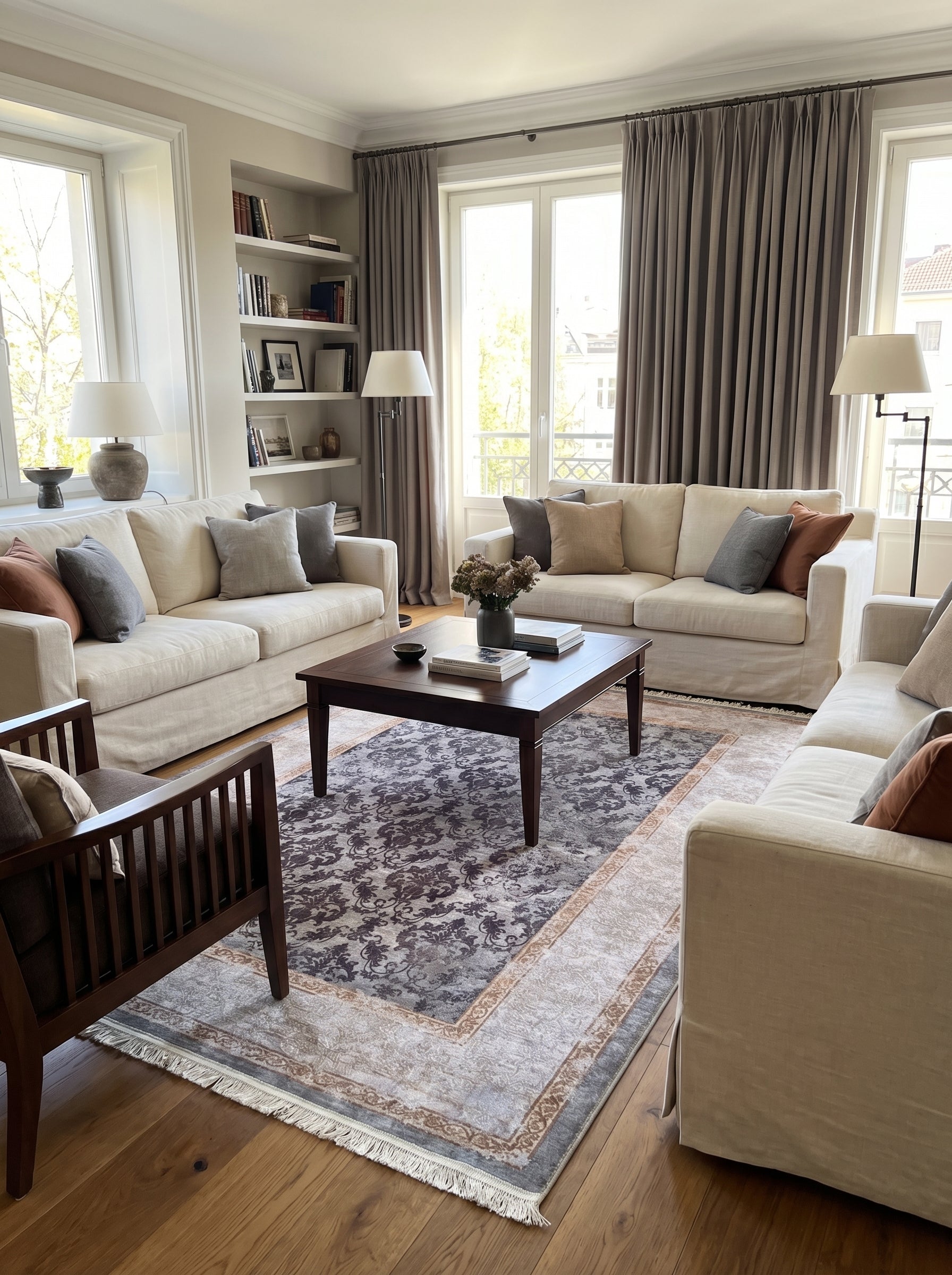 Tapis rectangulaire aux motifs floraux sombres sur fond gris-beige, avec bordures claires et franges, dans un salon