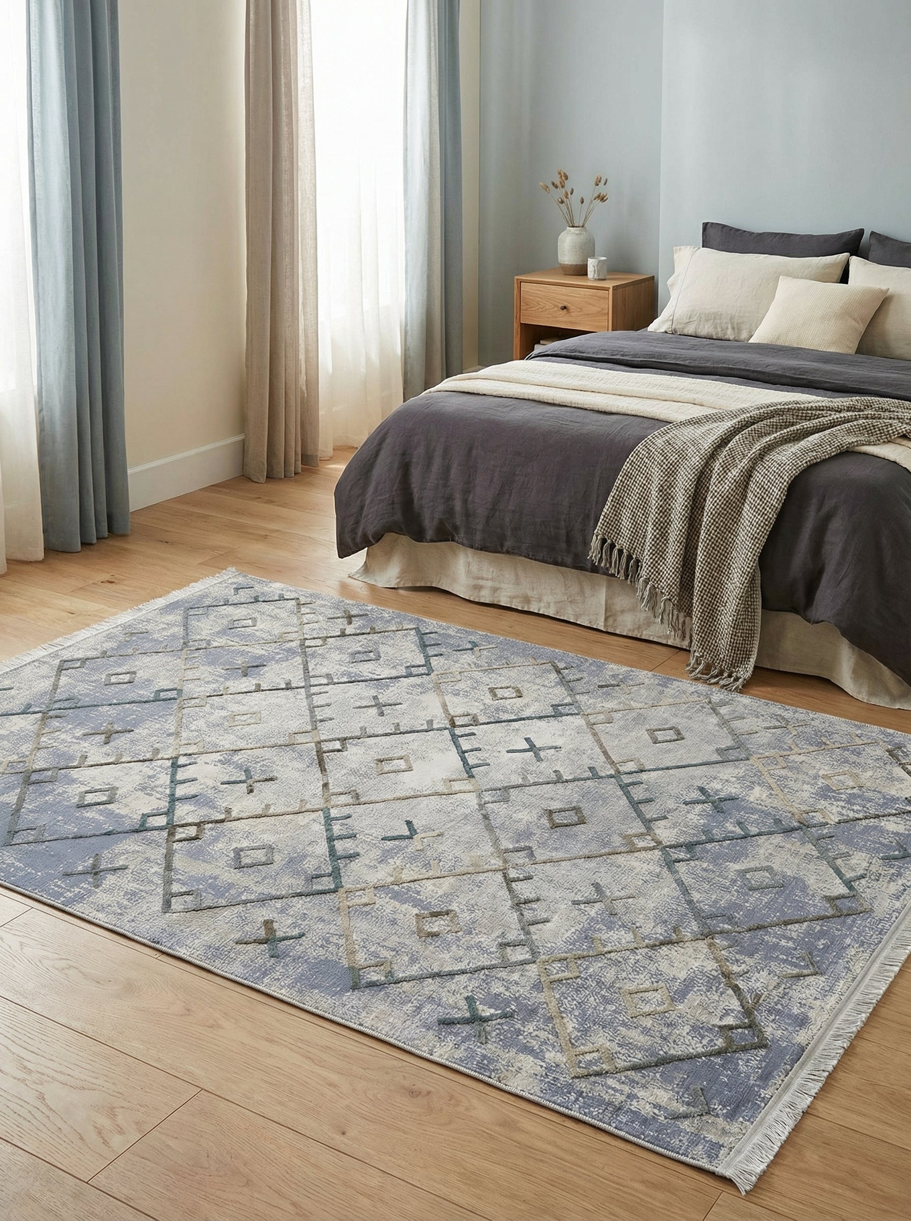 Tapis rectangulaire abstrait bleu pâle et beige avec motifs géométriques gris-bleu et taupe, posé sur un parquet dans une chambre