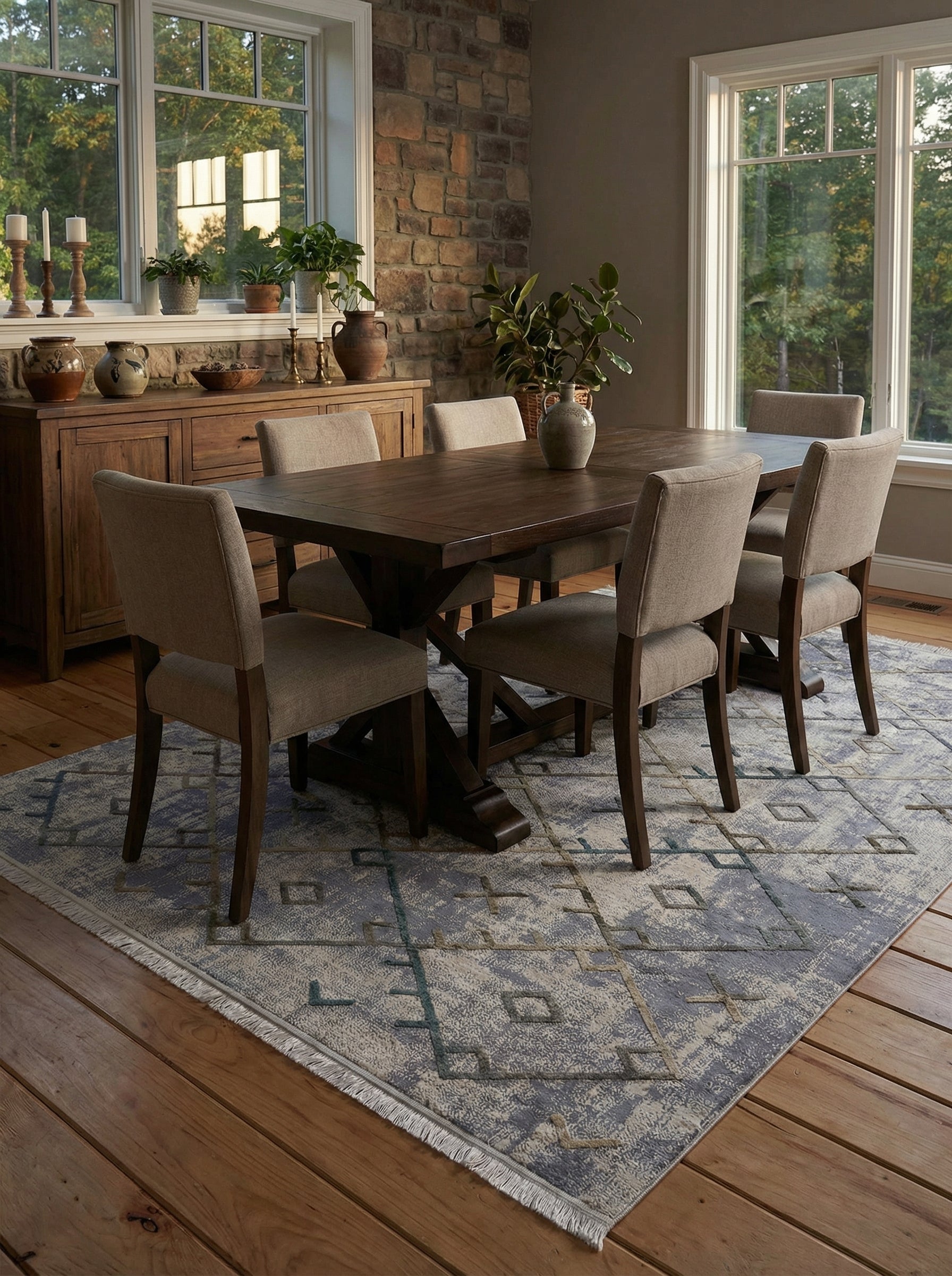 Tapis rectangulaire gris-bleu et crème aux motifs géométriques abstraits et à l'aspect vieilli, posé dans une salle à manger