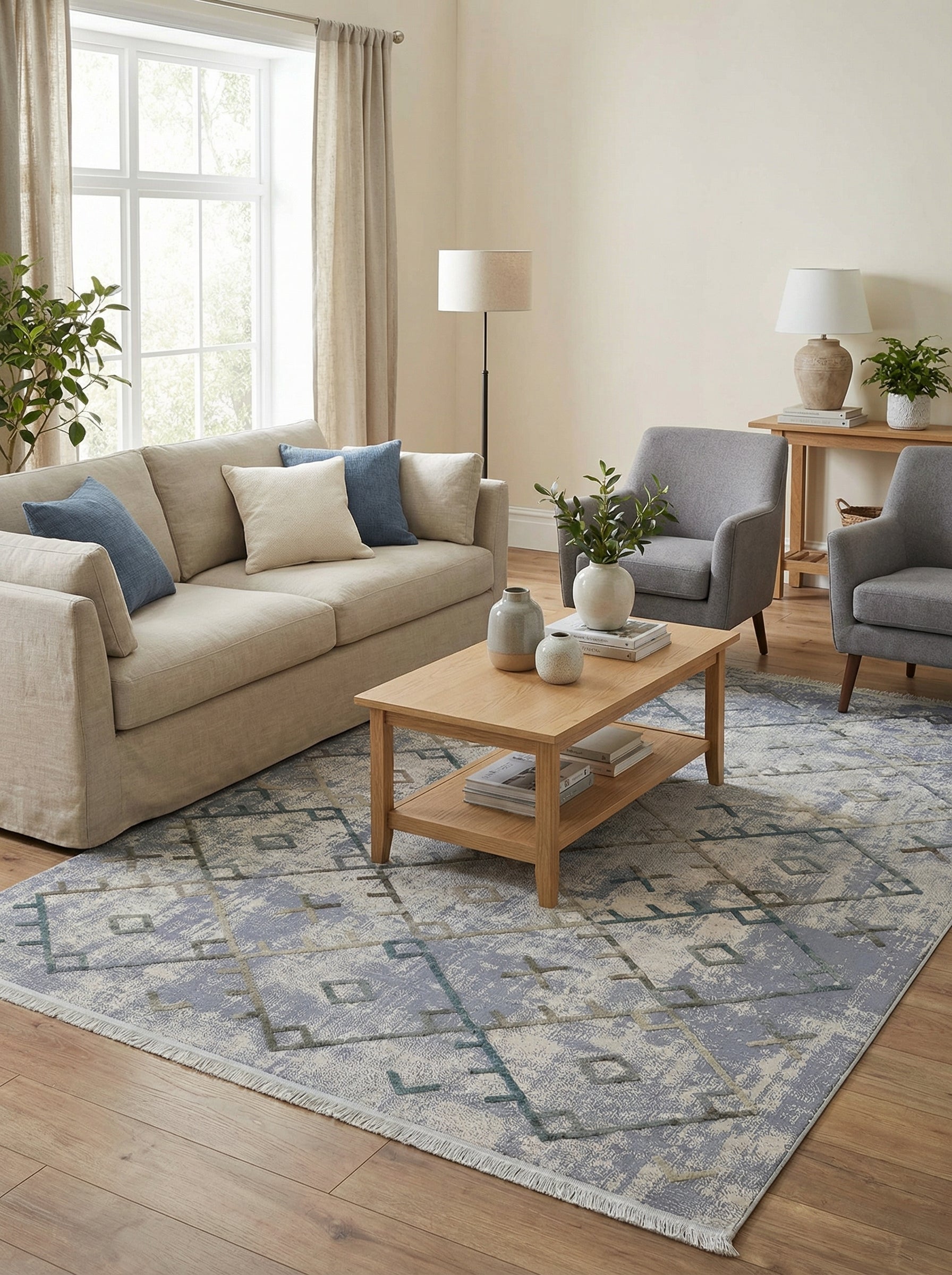 Tapis rectangulaire aux motifs géométriques abstraits gris-bleu, crème et vert canard, avec franges, dans un salon