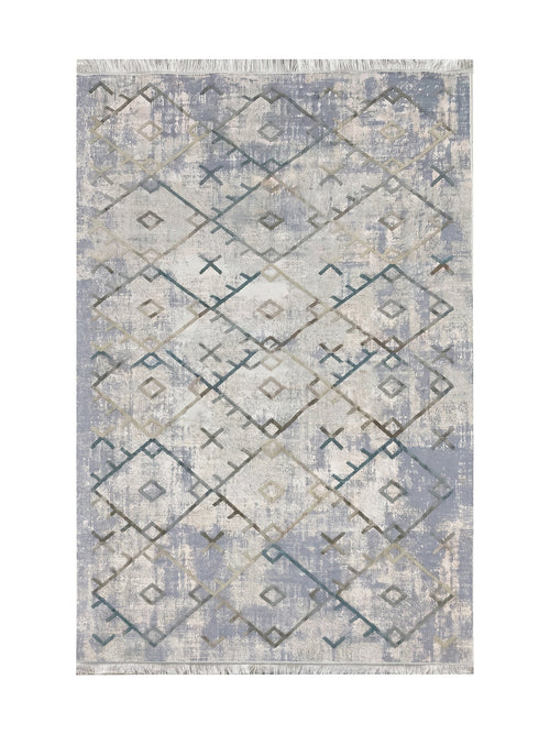 Tapis gris-bleu et blanc cassé à motif géométrique abstrait délavé de losanges et de croix, rehaussé de lignes vert, beige et gris et agrémenté de franges