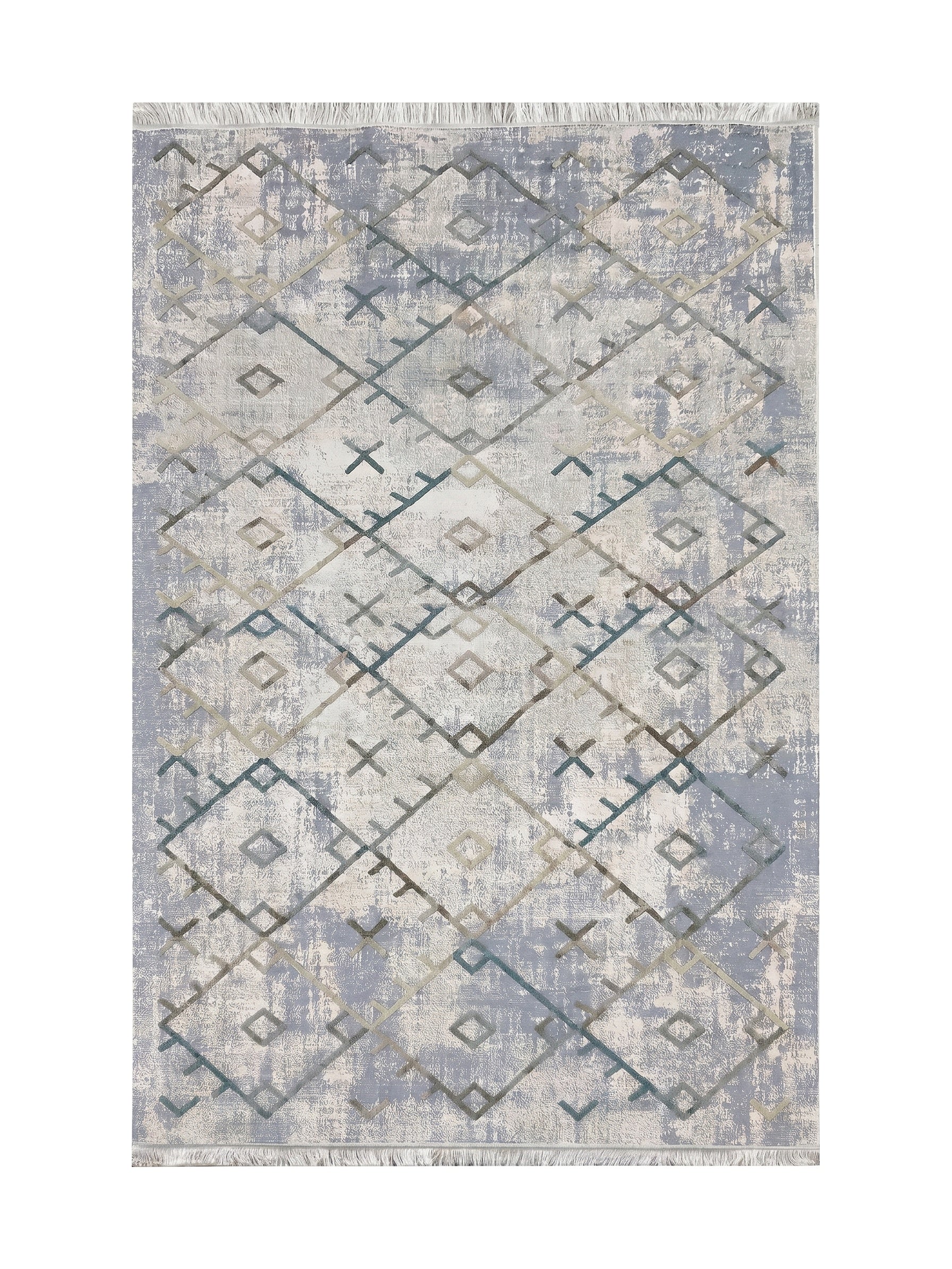 Tapis gris-bleu et blanc cassé à motif géométrique abstrait délavé de losanges et de croix, rehaussé de lignes vert, beige et gris et agrémenté de franges