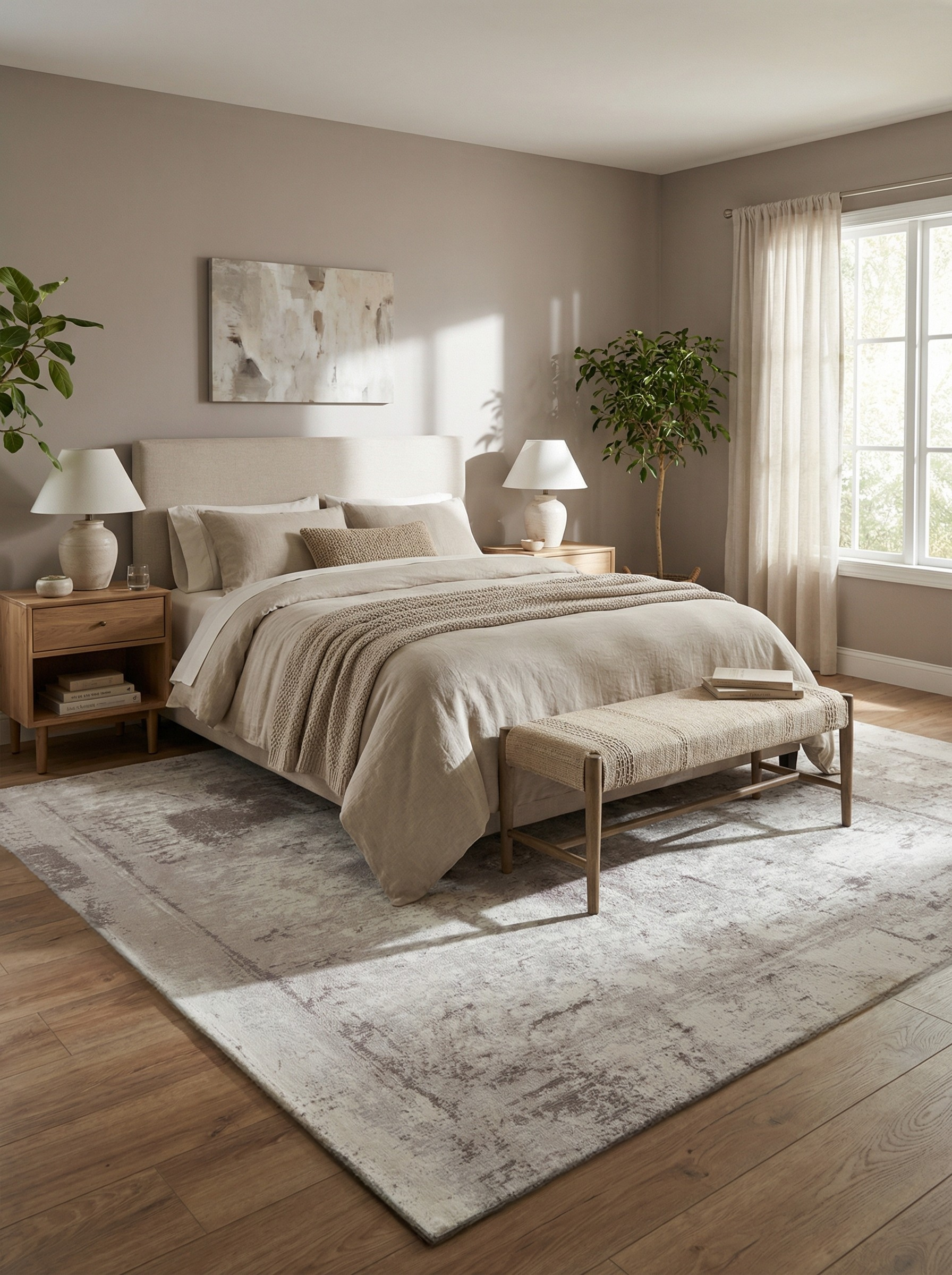 Tapis rectangulaire gris et ambre, doux et confortable. Crée une ambiance reposante dans la chambre