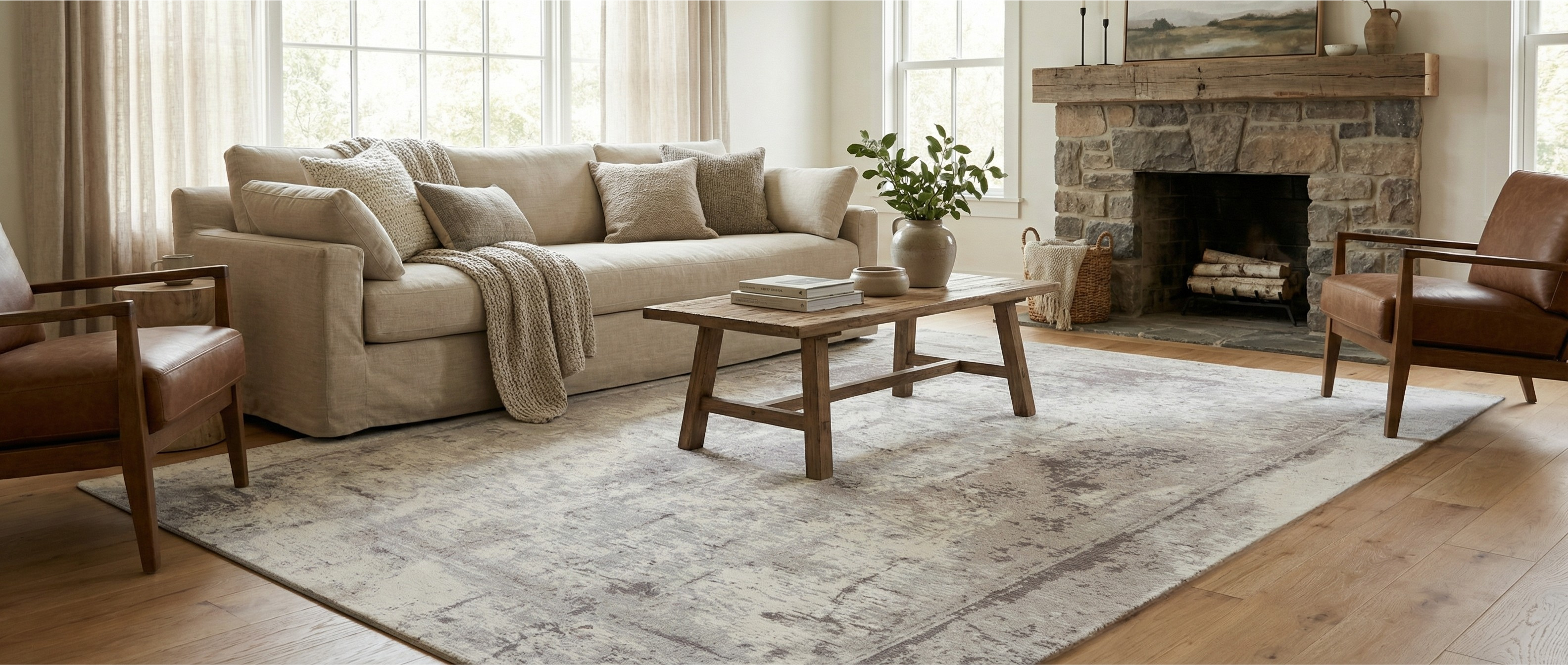 Le tapis rectangulaire gris clair transforme la pièce. Il crée une harmonie avec l'ambiance chaleureuse