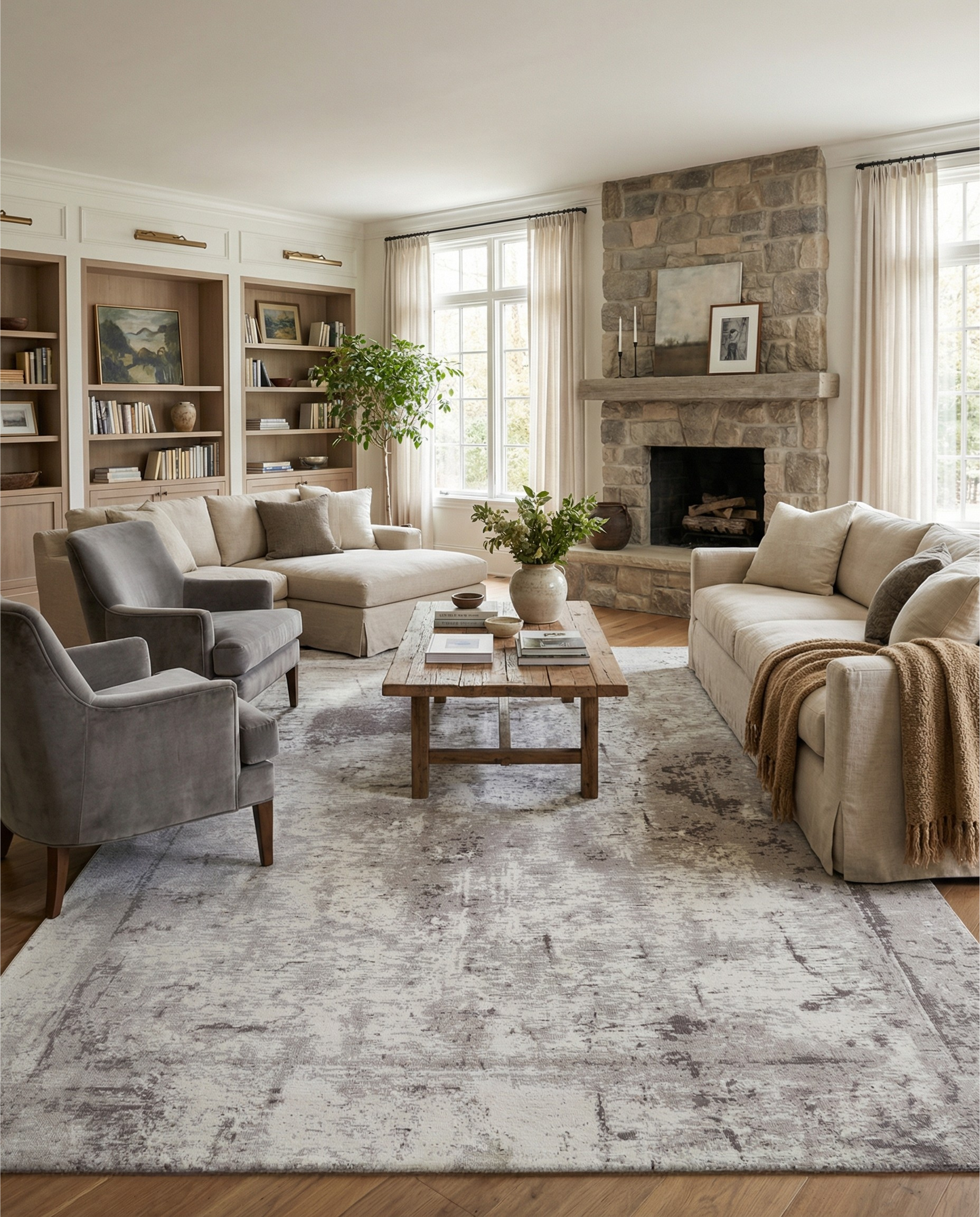 Tapis rectangulaire gris clair, ambiance apaisante dans le salon. Il adoucit l'espace, le rendant plus accueillant