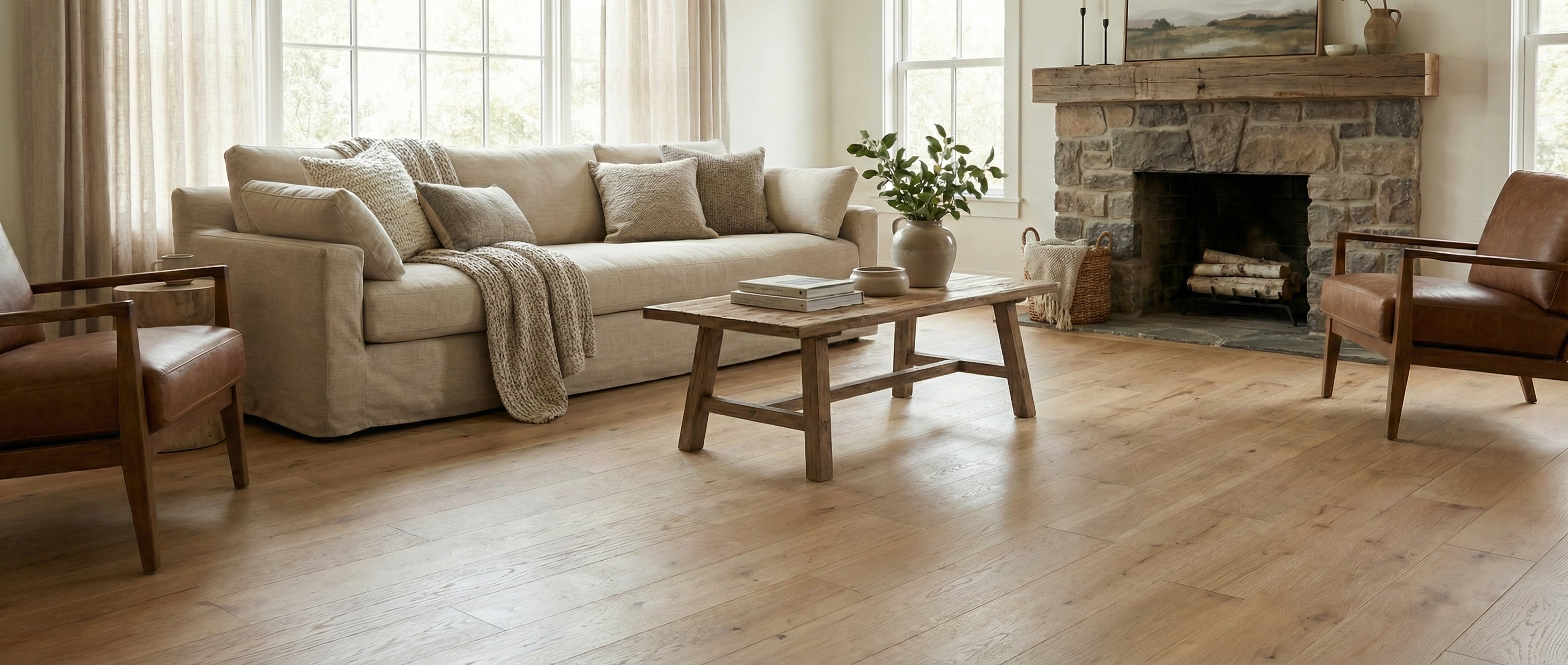 Pièce lumineuse avec plancher en bois clair. Canapé beige, fauteuils en cuir. Cheminée en pierre. Espace vide pour un