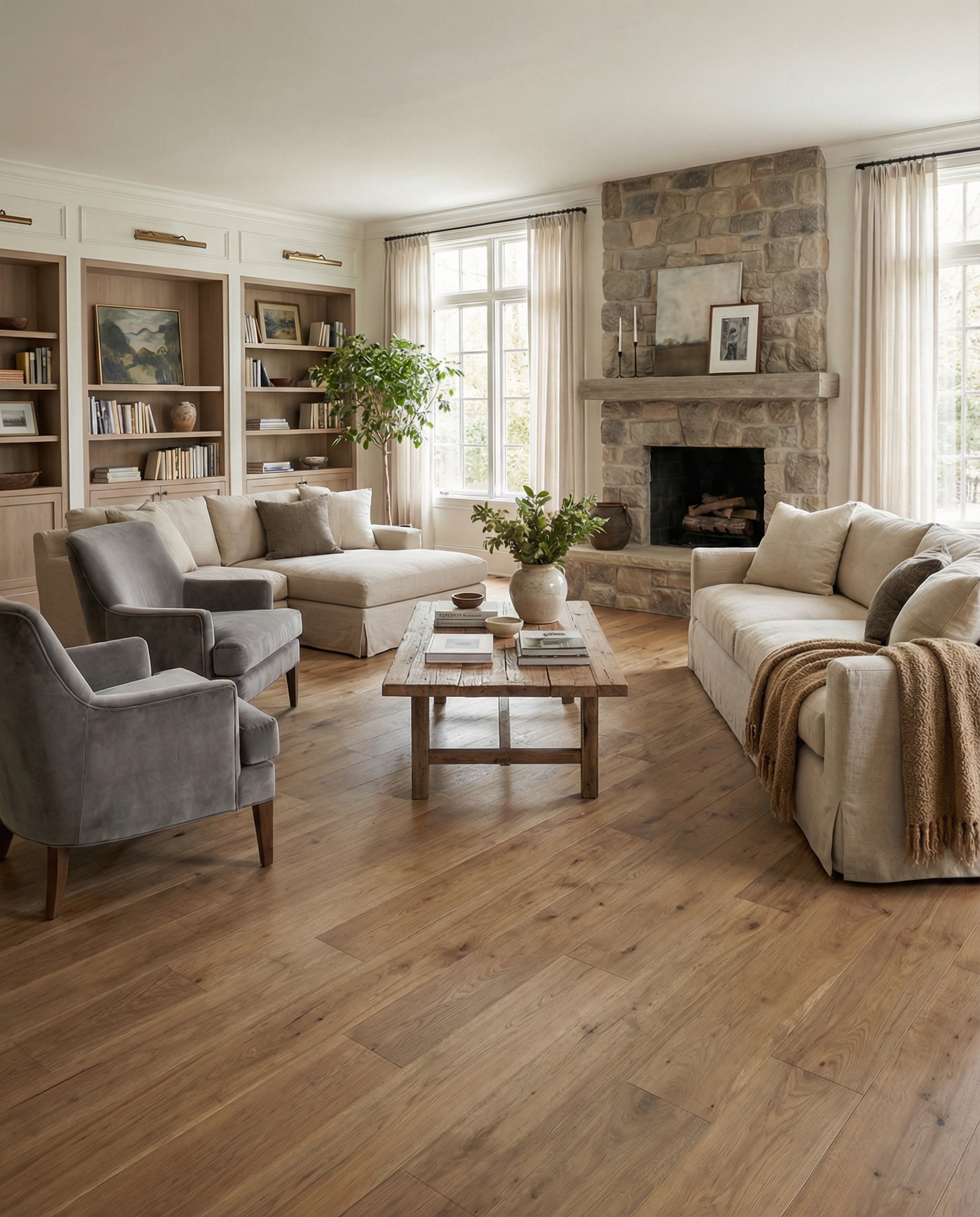 Pièce avec plancher de bois clair, canapés beiges, fauteuils gris, cheminée en pierre, ambiance chaleureuse, espace à