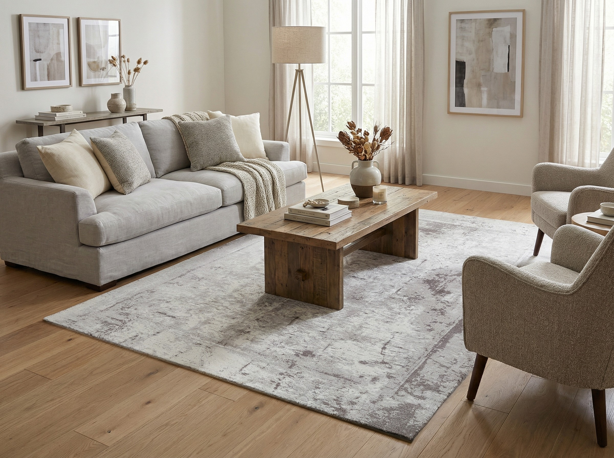 Tapis rectangulaire gris clair dans un salon. Style déco épuré, ambiance chaleureuse et reposante
