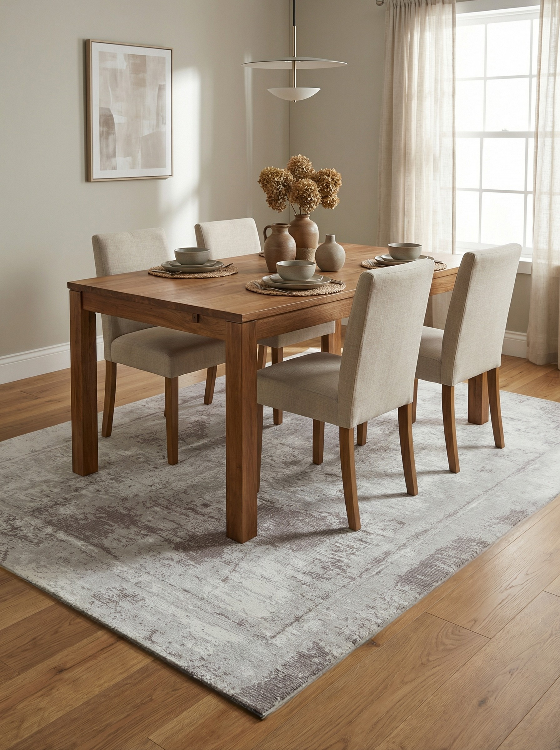Tapis rectangulaire gris clair sous la table à manger, définissant l'espace repas. Ambiance conviviale