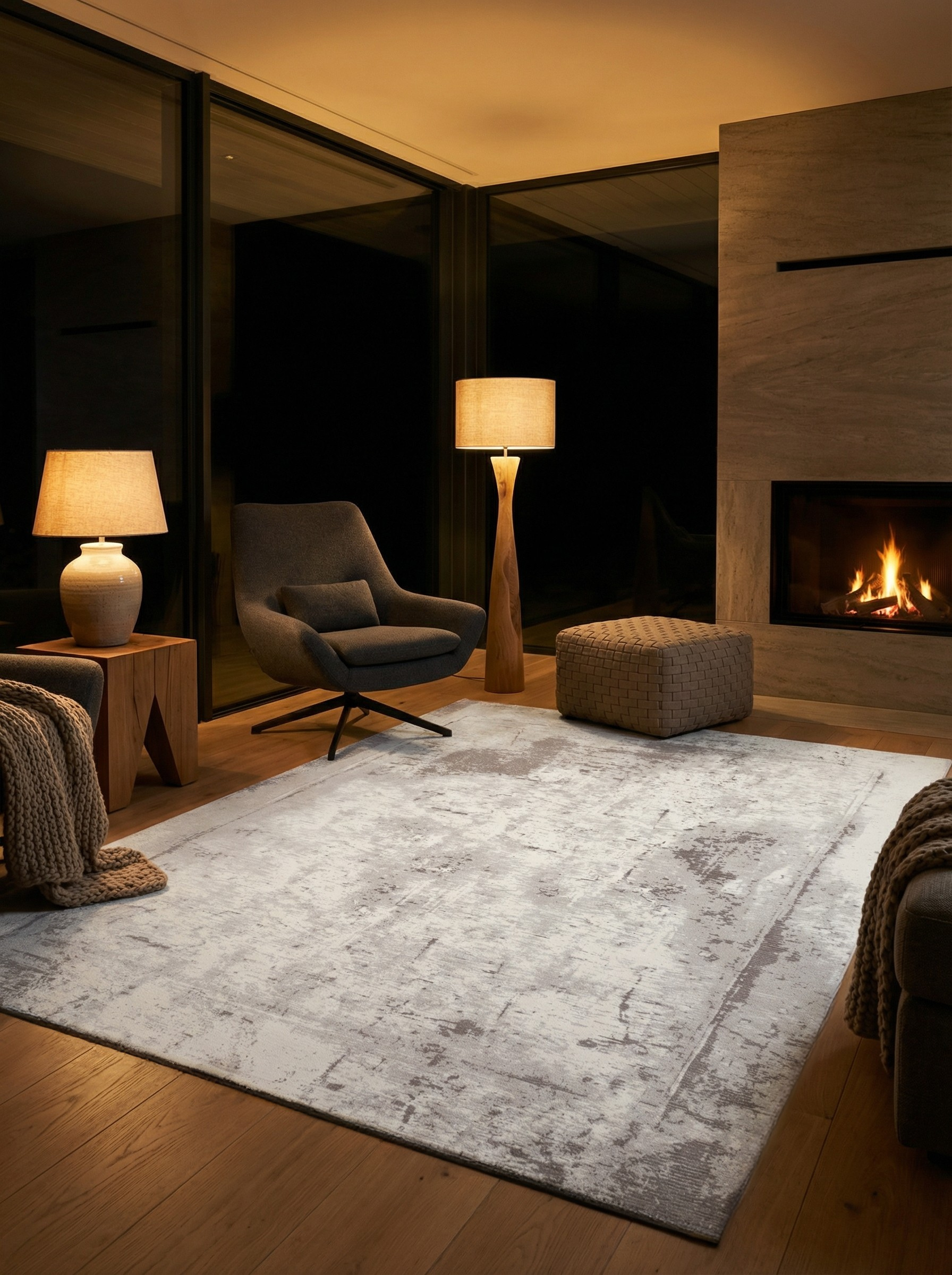 Tapis rectangulaire gris clair dans une pièce tamisée. Éclairage doux, ambiance chaleureuse