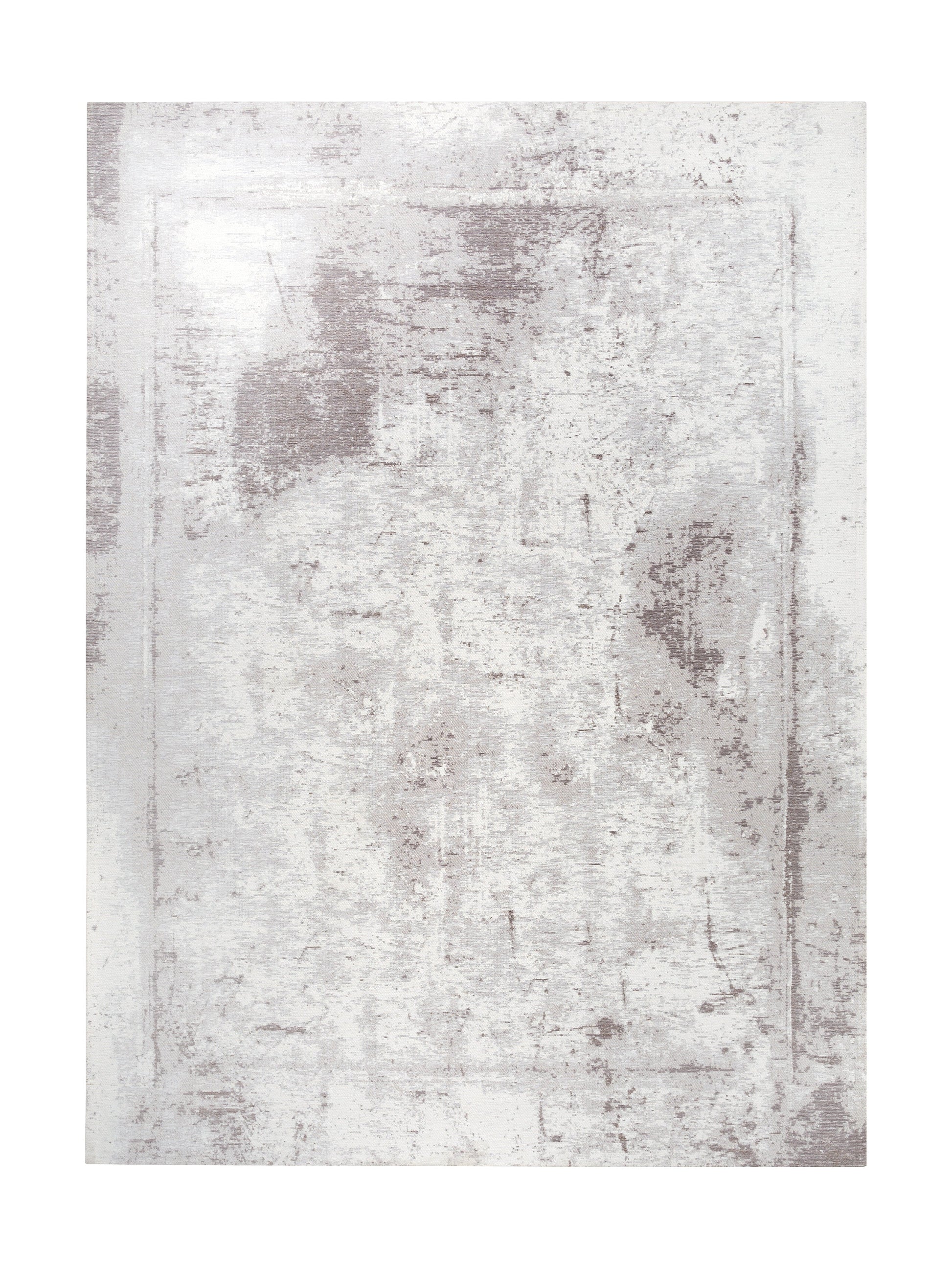 Tapis rectangulaire gris clair, style vieilli. Motifs irréguliers, ambiance sobre