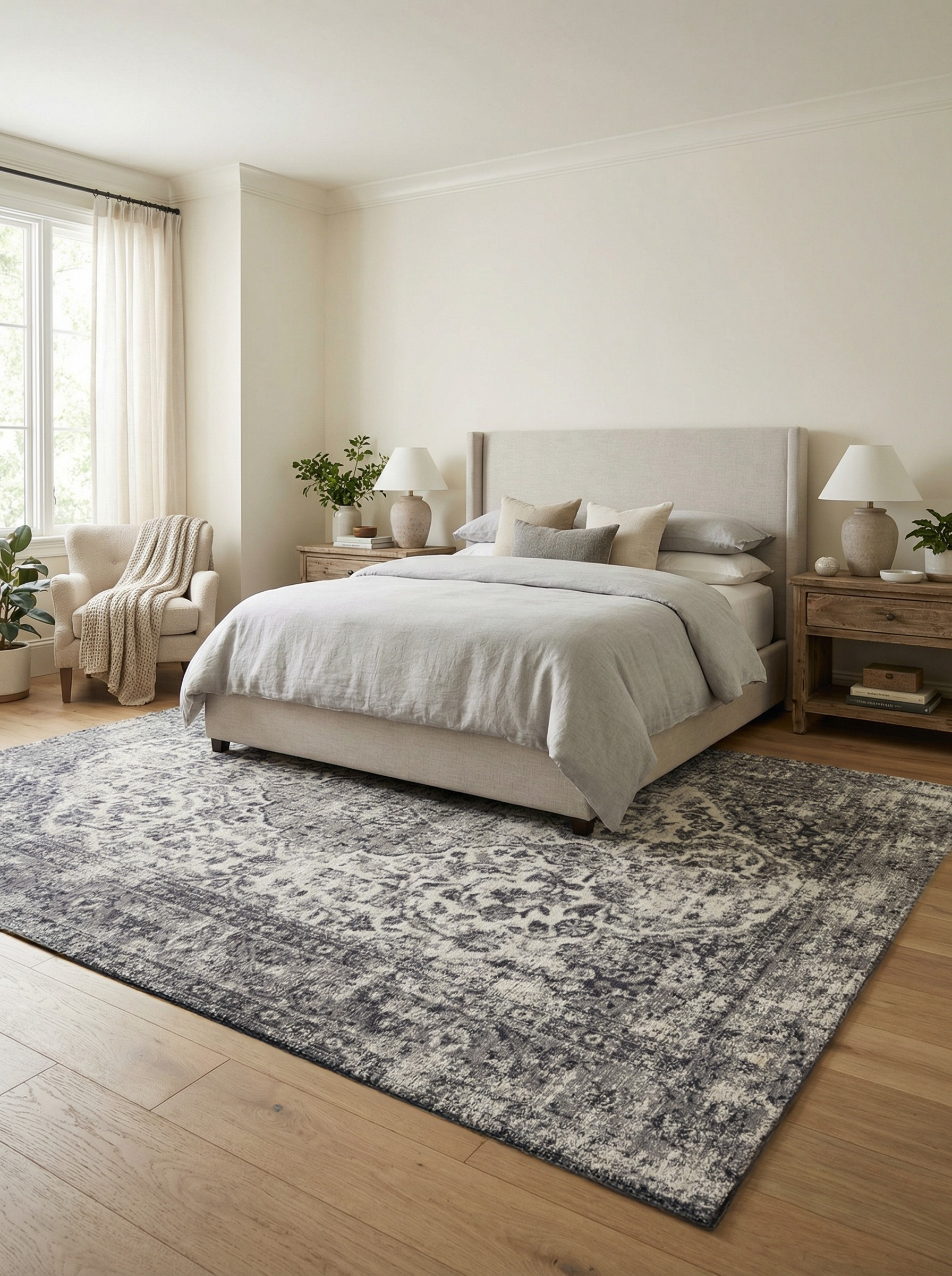 Tapis rectangulaire gris et crème. Douceur et confort pour une ambiance reposante dans la chambre