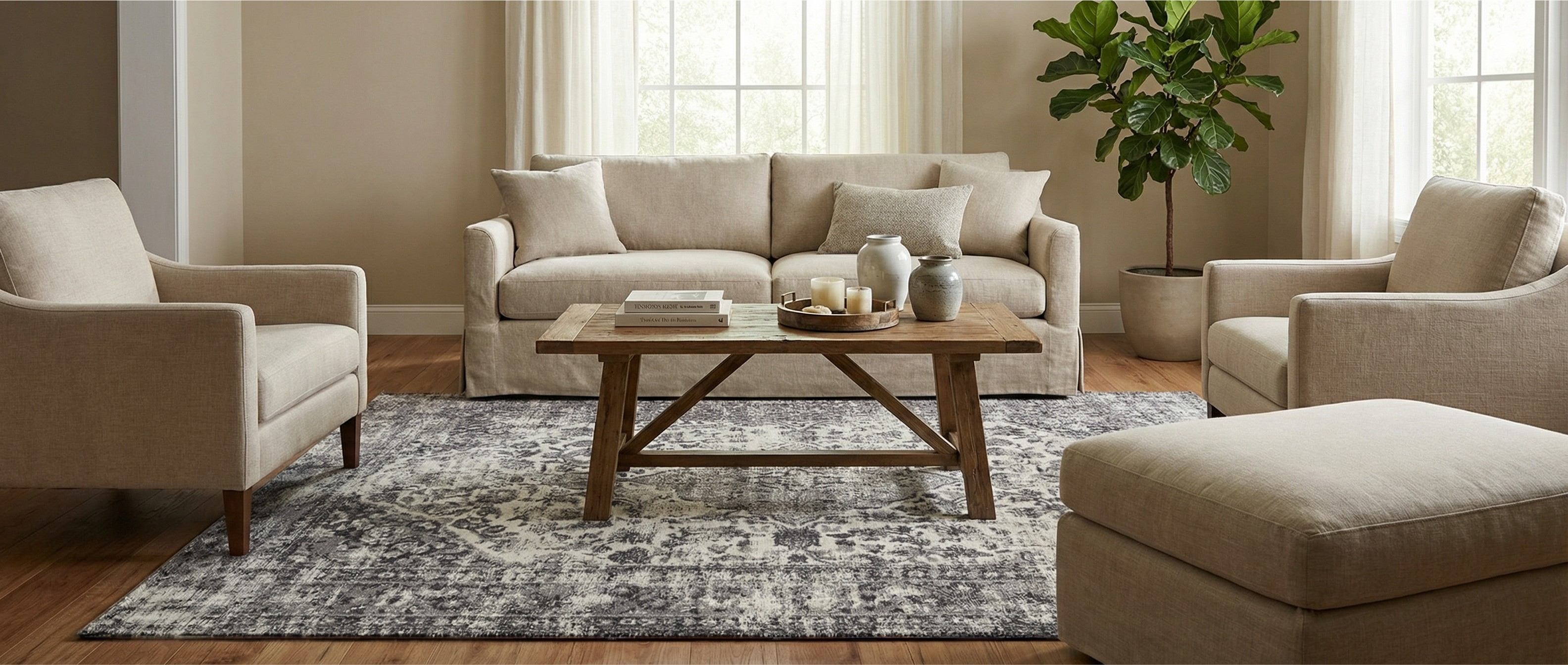 Le tapis gris rectangulaire transforme la pièce. Il crée une harmonie avec l'ambiance neutre et chaleureuse