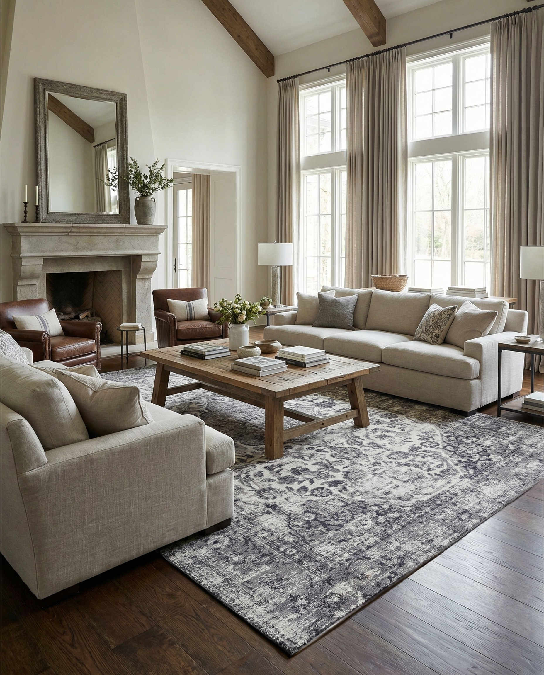 Tapis rectangulaire gris et blanc dans une pièce lumineuse. Il crée une ambiance chaleureuse et harmonieuse