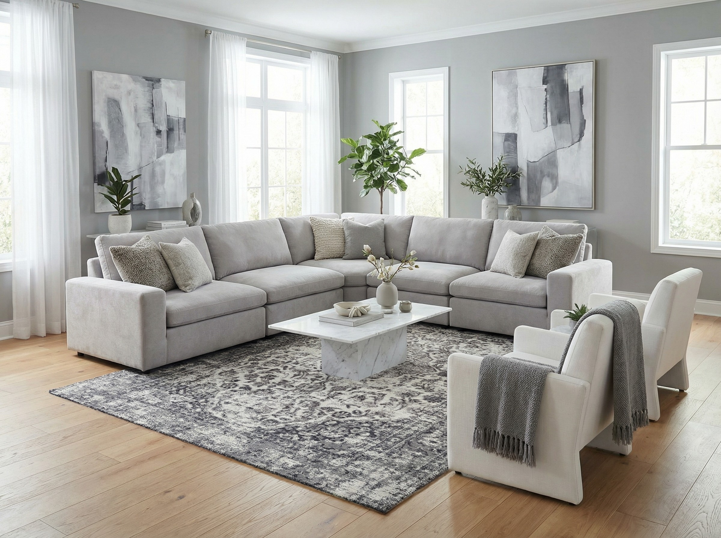 Salon décoré, tapis gris rectangulaire, ambiance cosy