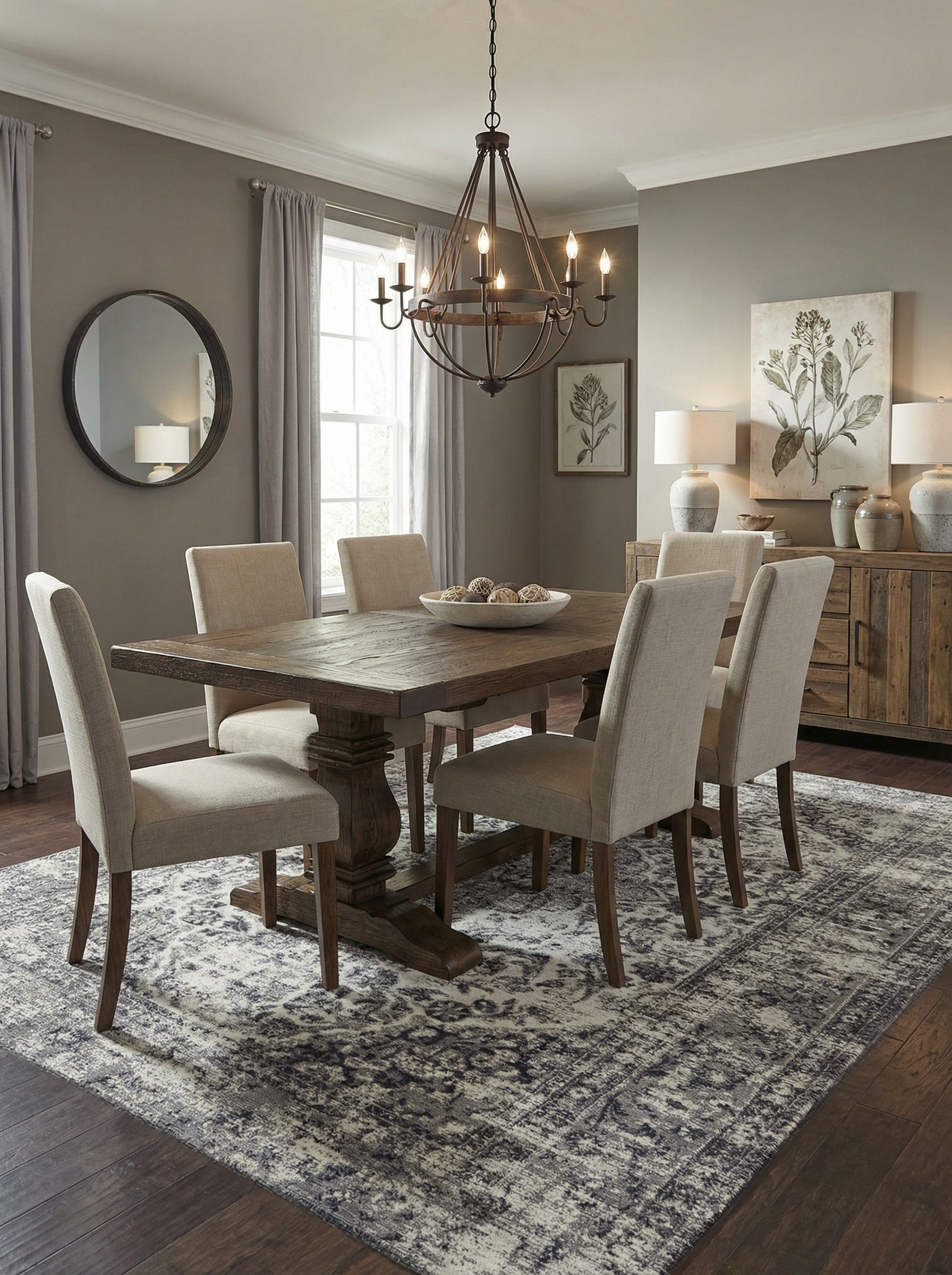 Tapis rectangulaire gris et blanc sous la table à manger, définissant l'espace repas, ambiance conviviale
