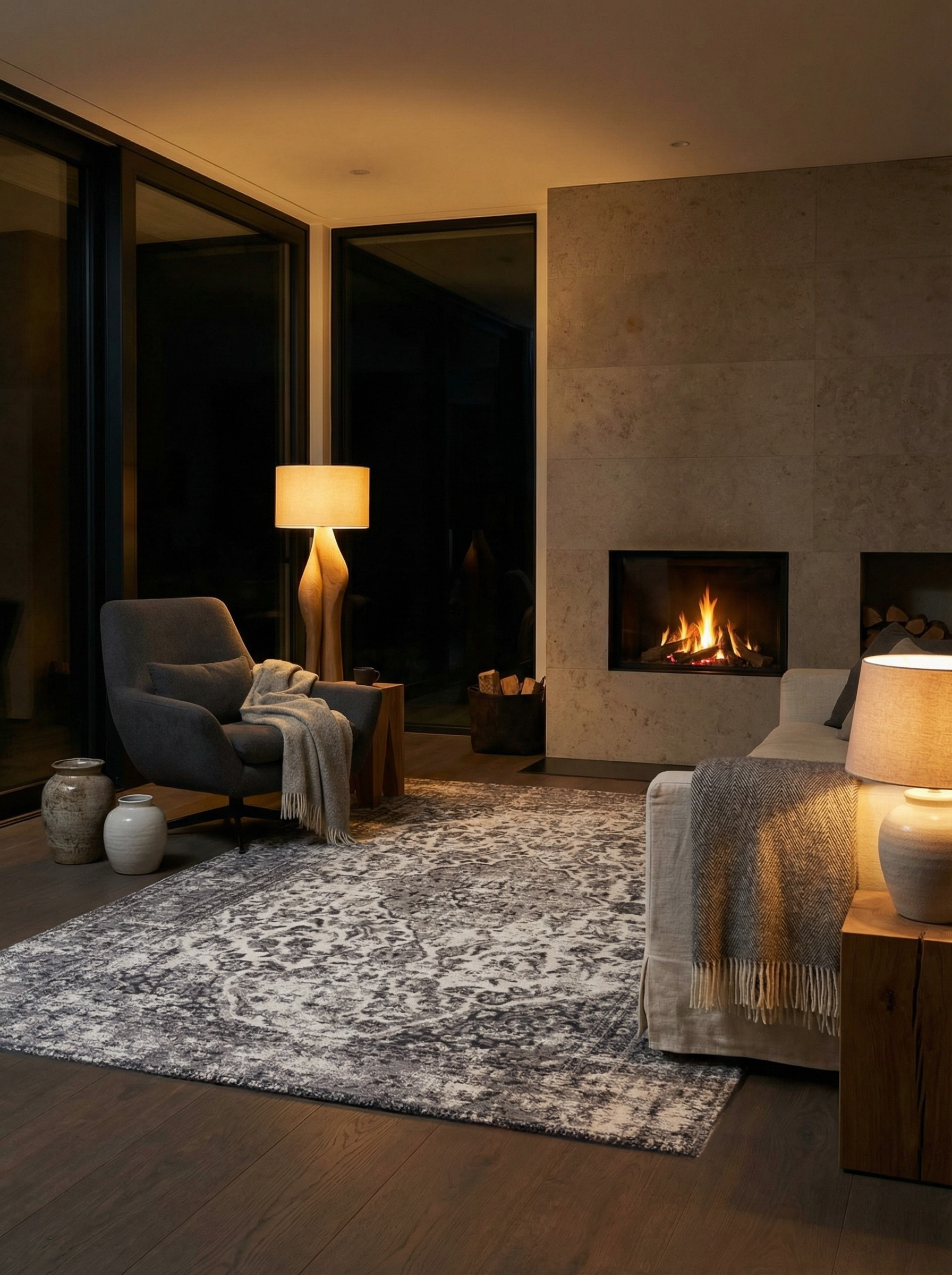 Tapis rectangulaire gris dans une pièce tamisée, éclairage doux. Atmosphère chaleureuse