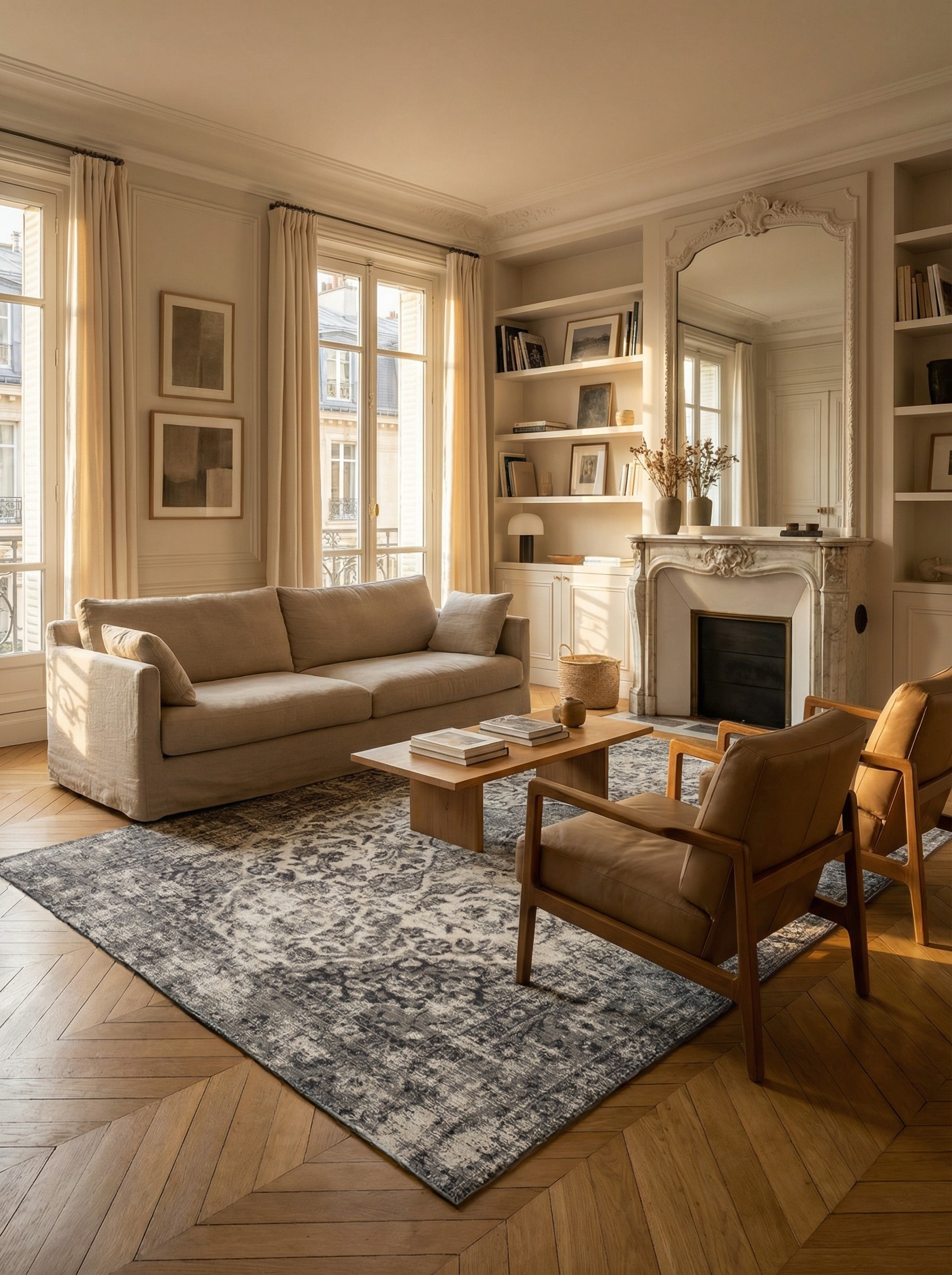 Tapis rectangulaire gris, ambiance élégante et conviviale dans un salon