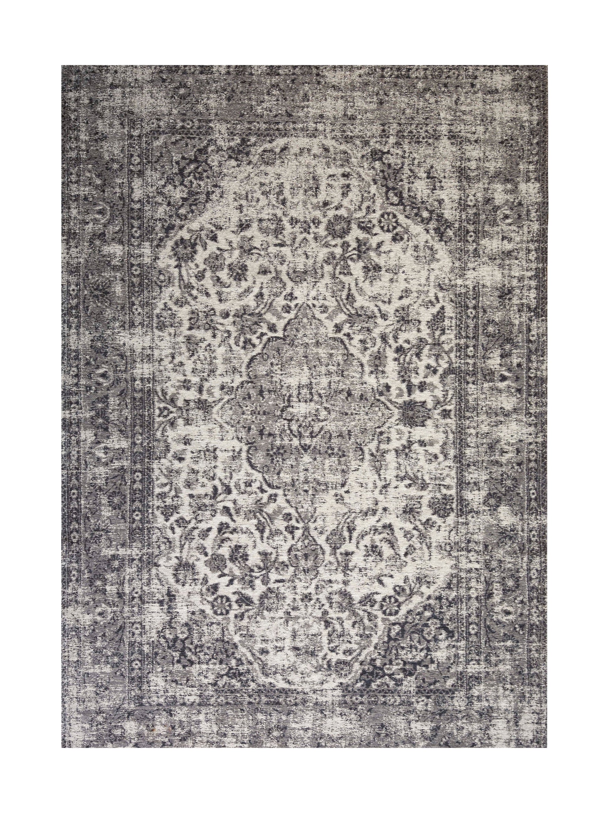 Tapis rectangulaire gris avec motif floral vieilli, ambiance classique