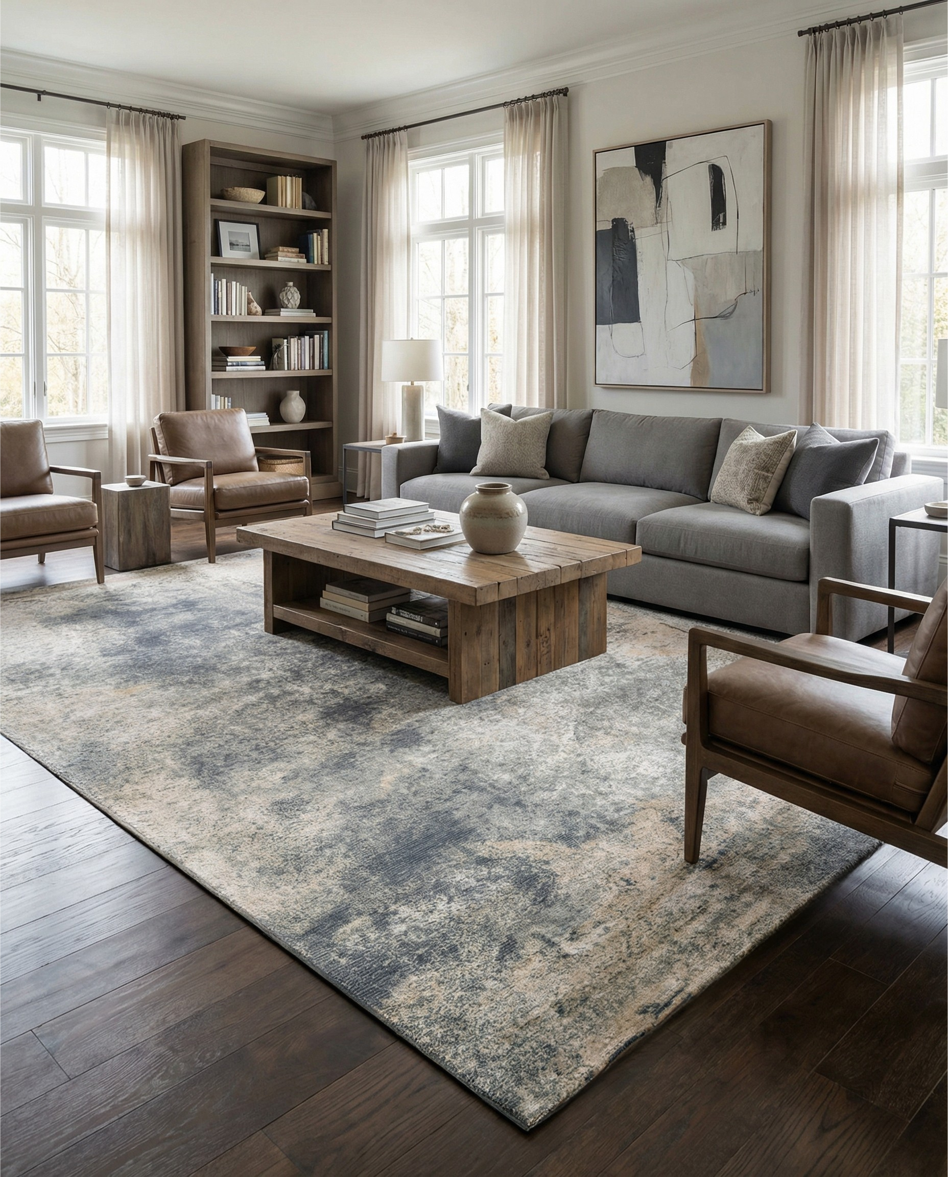 Tapis rectangulaire gris et beige, ambiance chaleureuse dans la pièce. Il apporte douceur et contraste au sol sombre